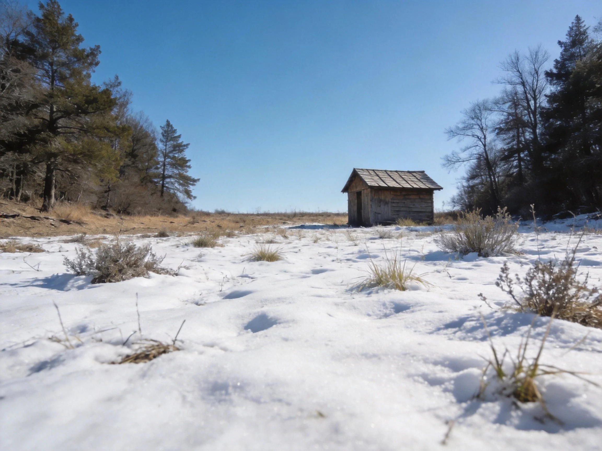 A weathered wooden shed in a snowy clearing with pine trees