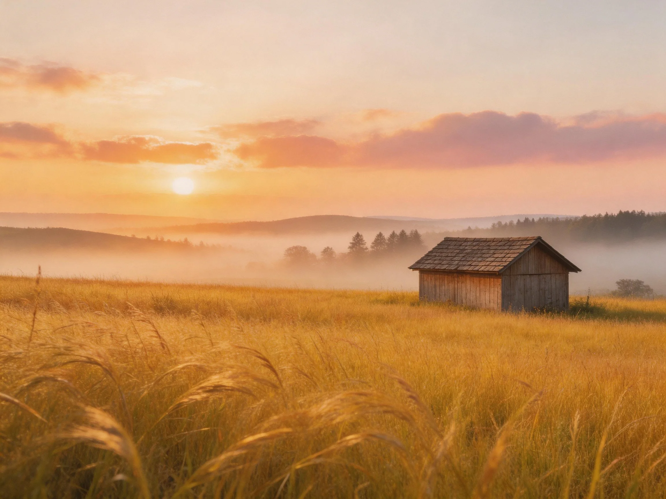 A weathered wooden shed in golden fields under a misty sunrise