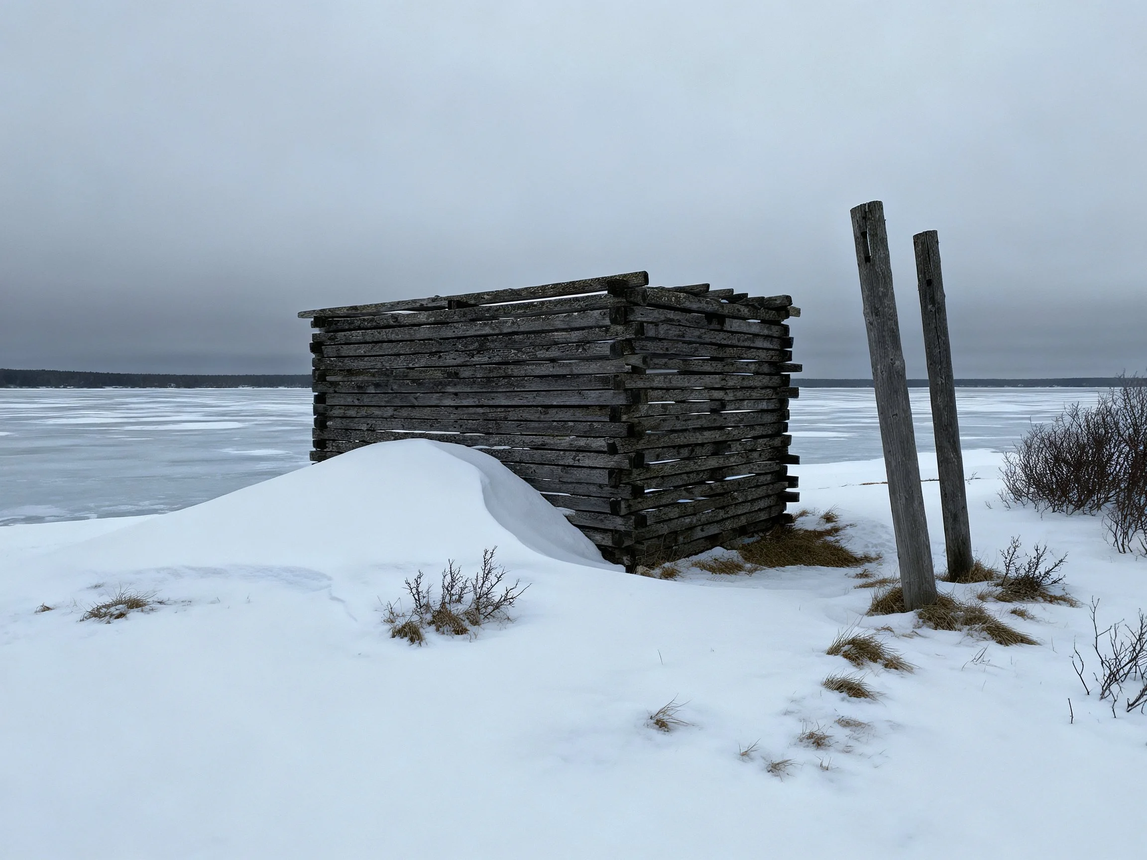 A weathered wooden structure near icy waters under overcast skies
