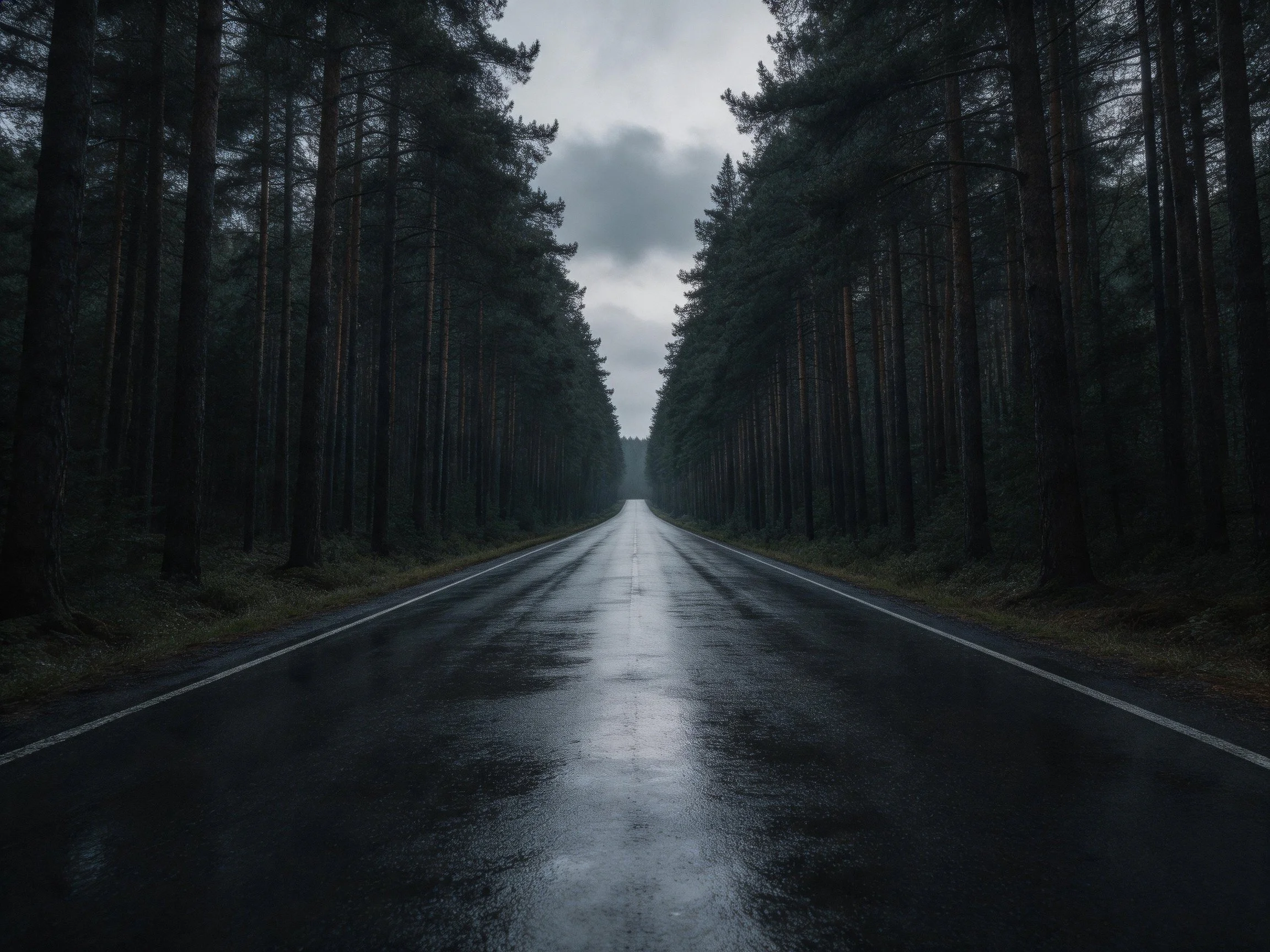 A wet asphalt road flanked by dense dark pine forests under an overcast sky
