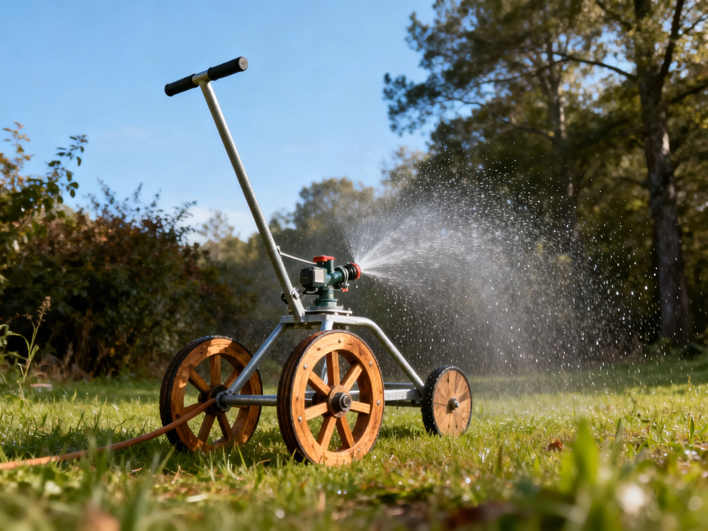 A wheeled sprinkler waters a sunlit grassy yard