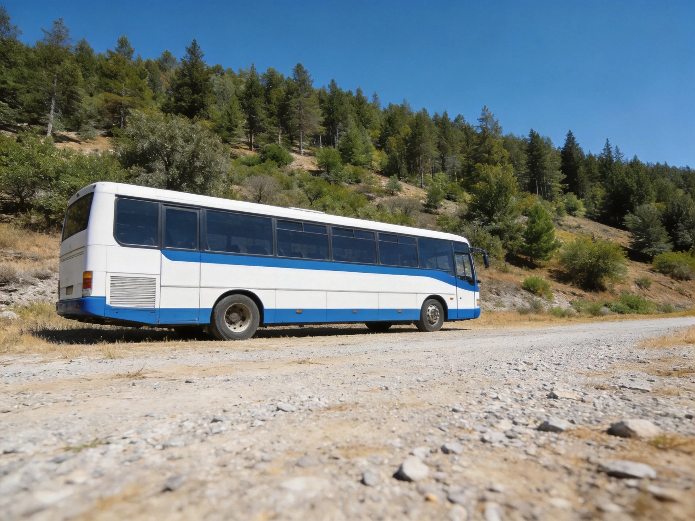 A white and blue passenger bus on a gravel road near a forested hillside