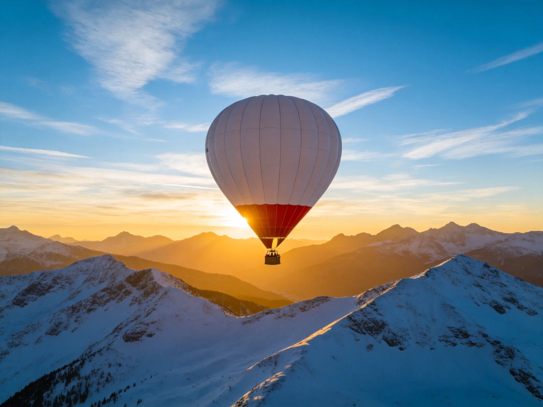 A white and red hot air balloon floats over snow-capped mountains at sunrise