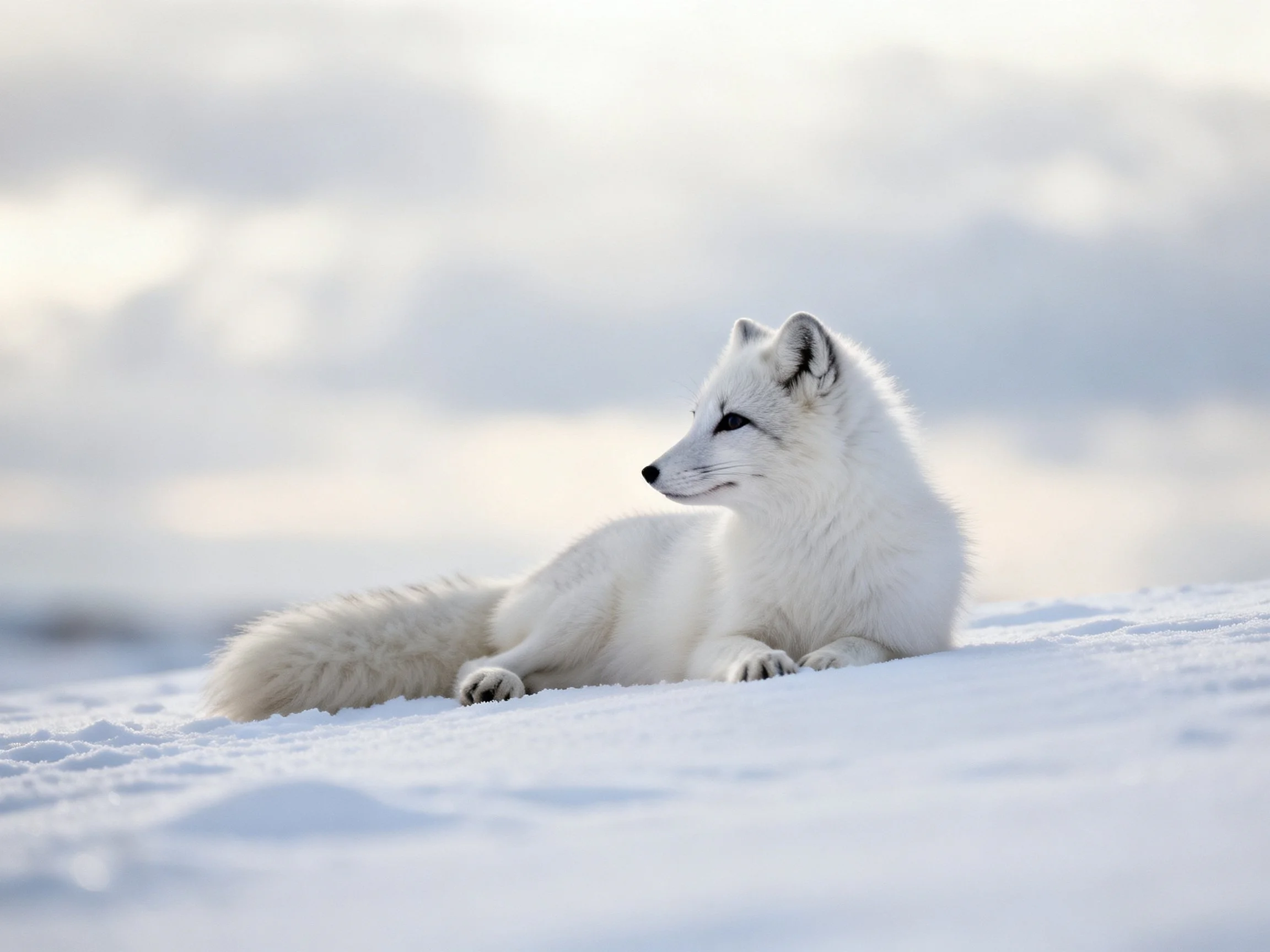 A white arctic fox resting on a vast snow-covered terrain