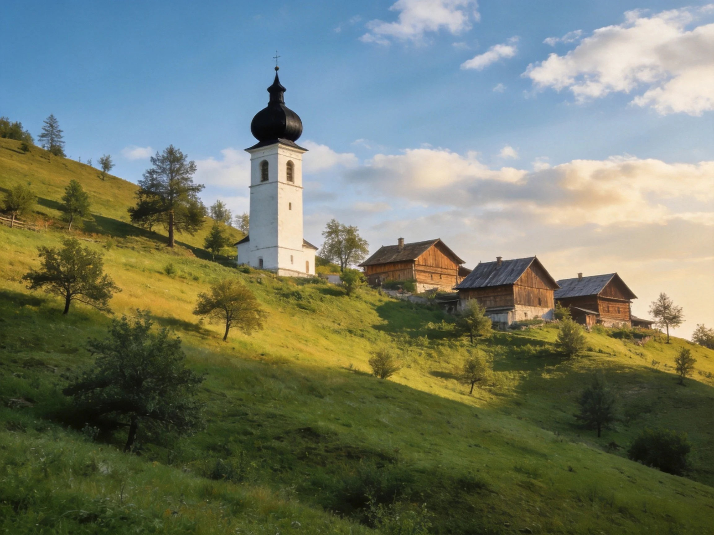 A white bell tower with a black dome near wooden cottages on a green hillside
