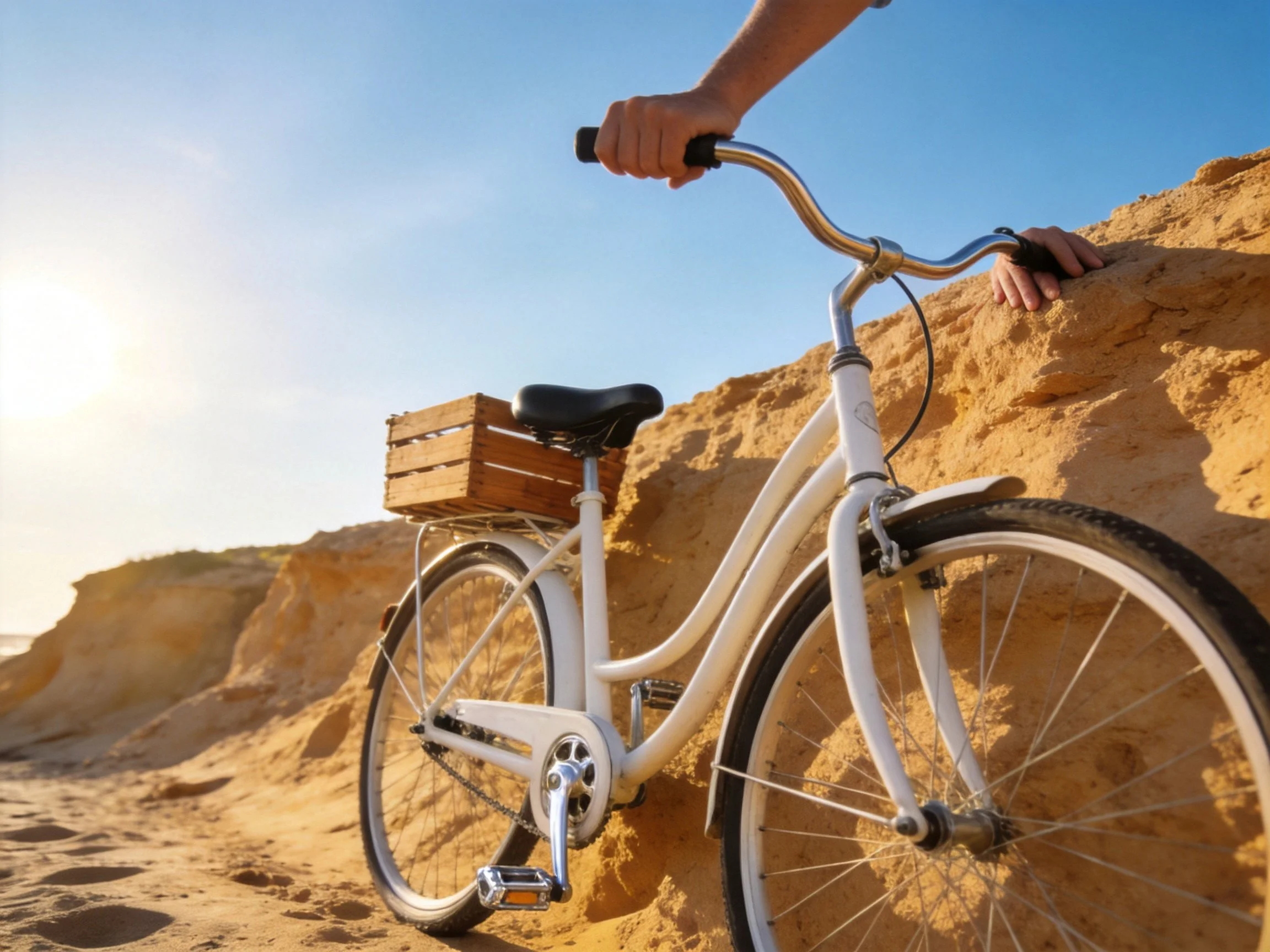 A white bicycle rests near golden sandstone cliffs by the shore