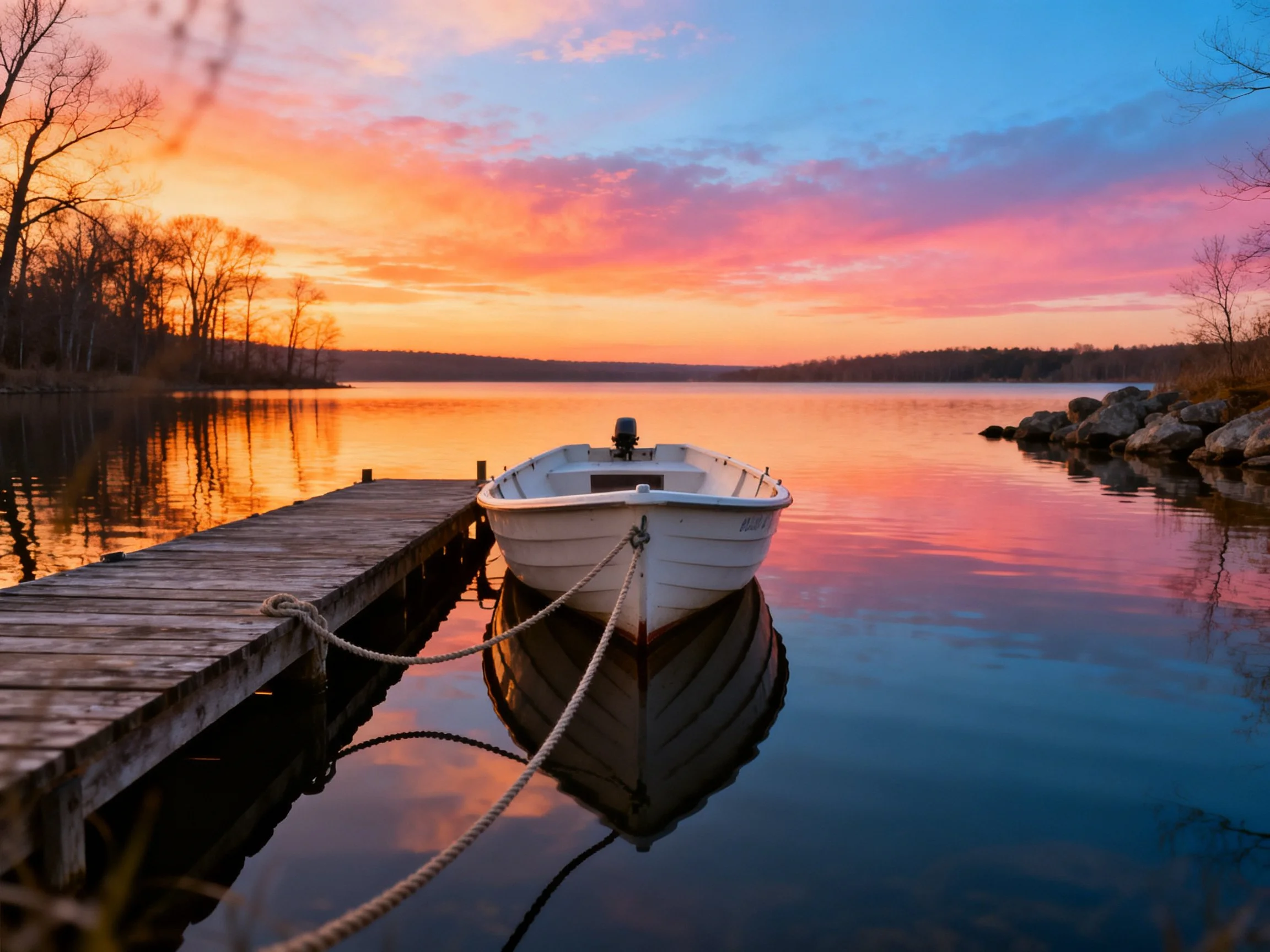 A white boat docked at a wooden pier under colorful sunset skies