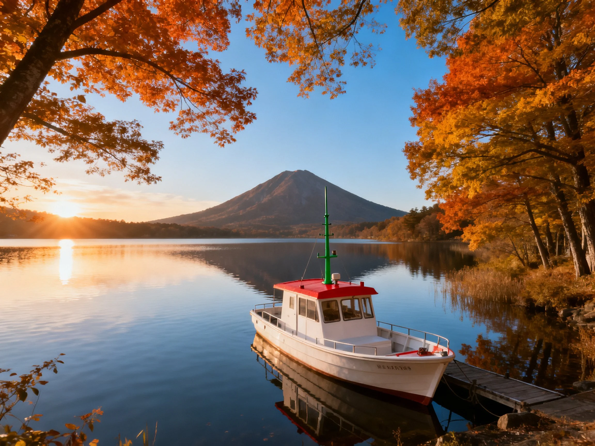 A white boat rests beside autumn-colored trees and mountains