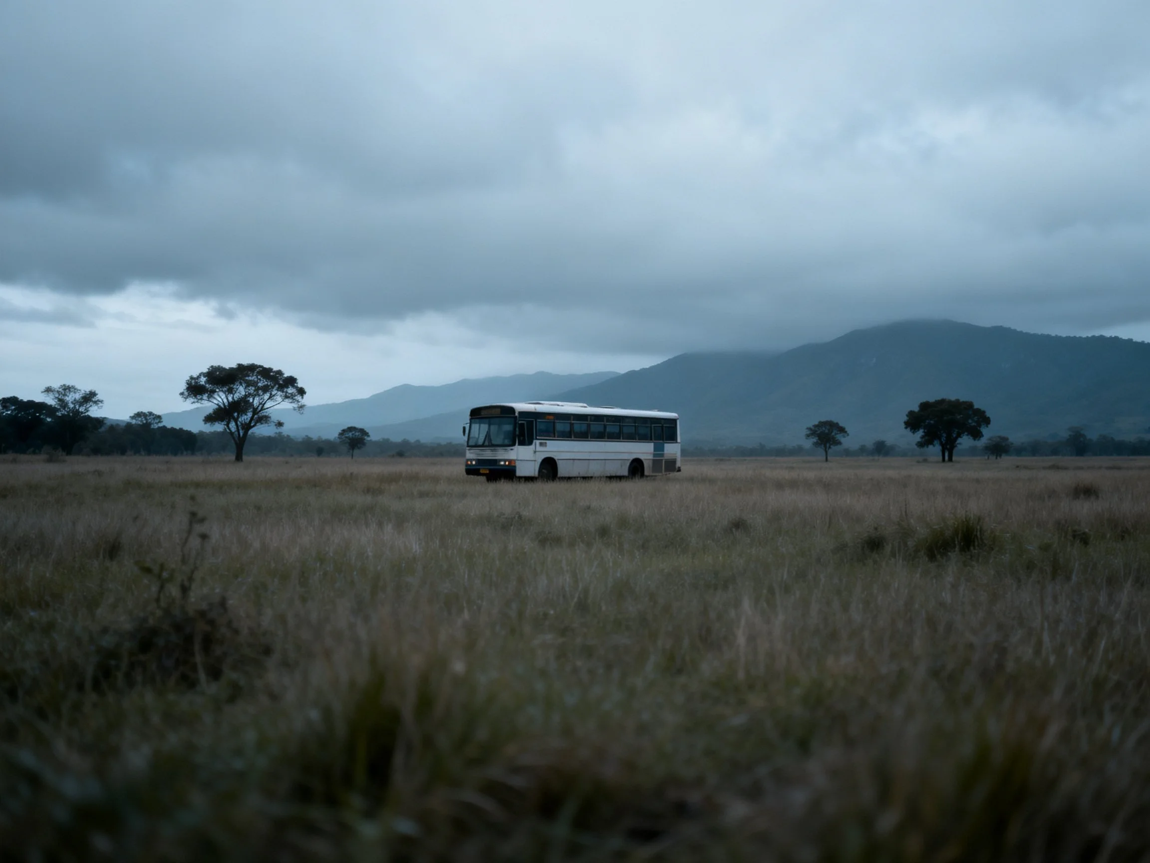 A white bus sits alone in an open field with distant mountains