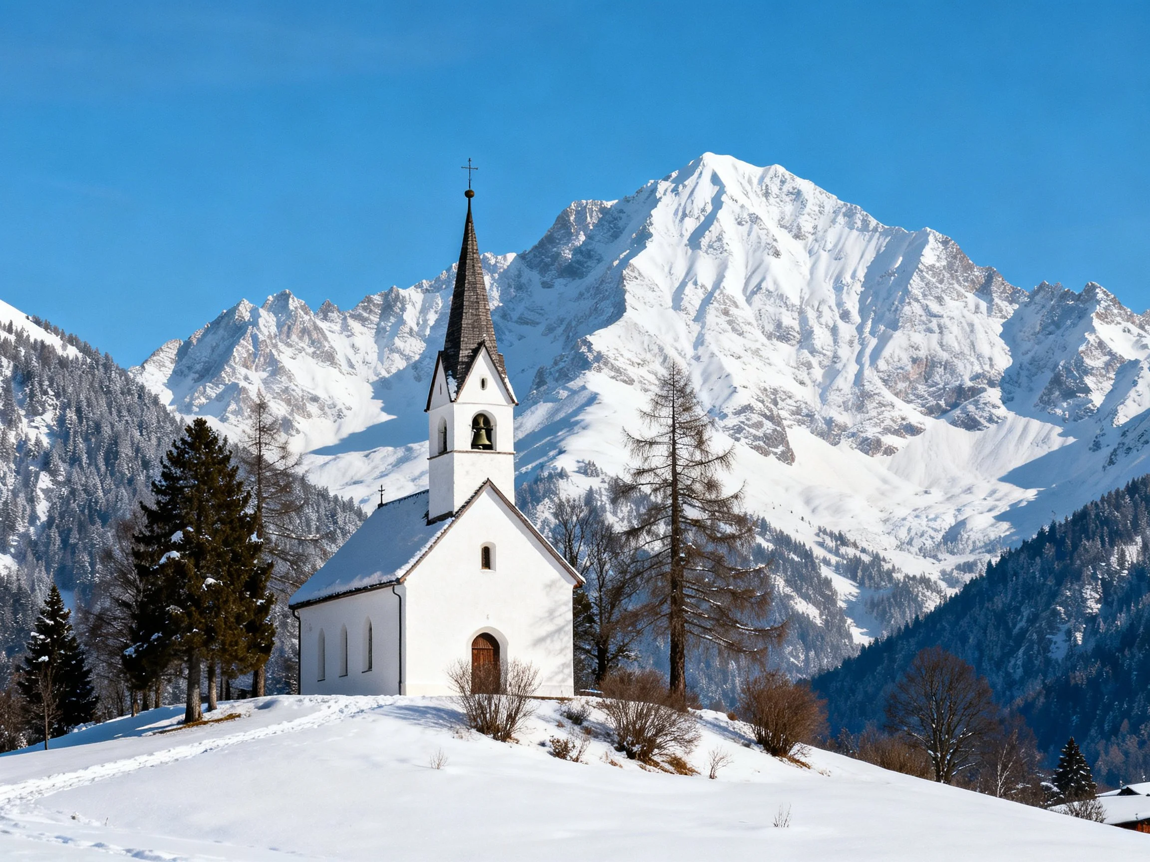 A white chapel with a tall steeple near snow-capped mountains under a clear blue sky