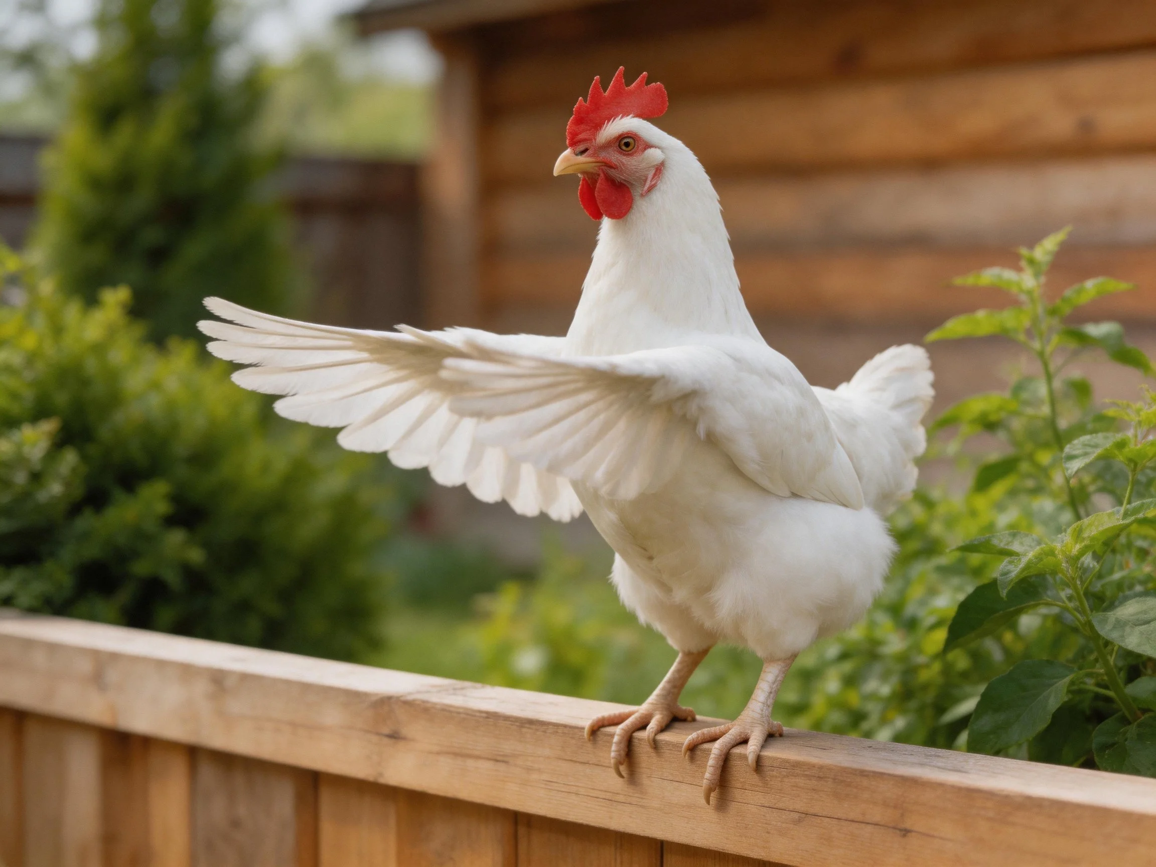 A white chicken spreads wings on a wooden fence near greenery