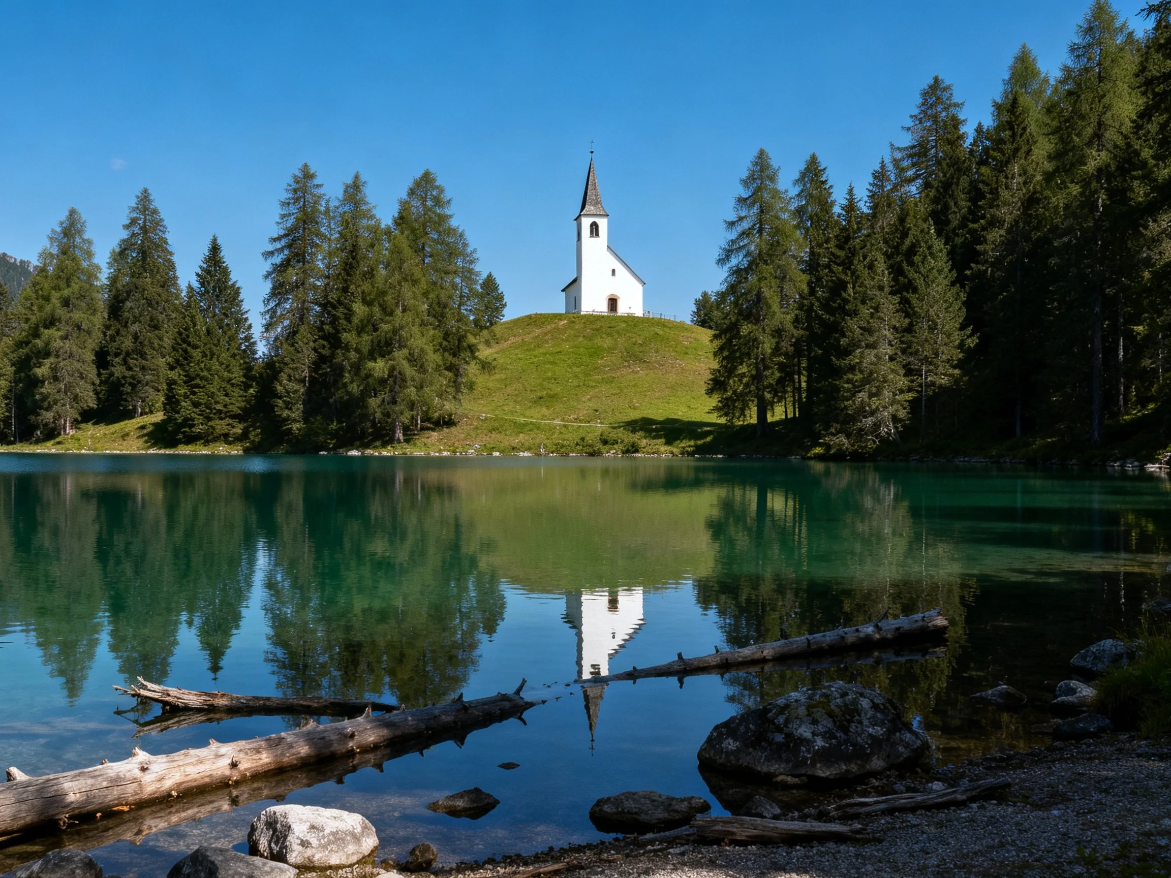 A white church atop a grassy hill near a turquoise lake