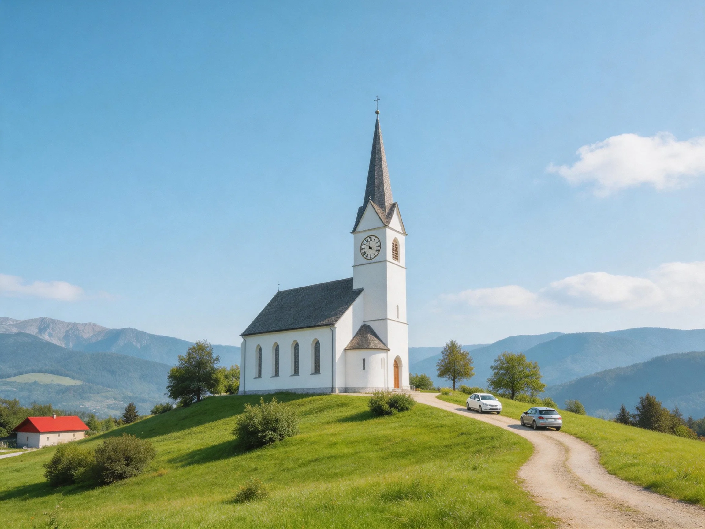A white church atop a green hill with distant mountains