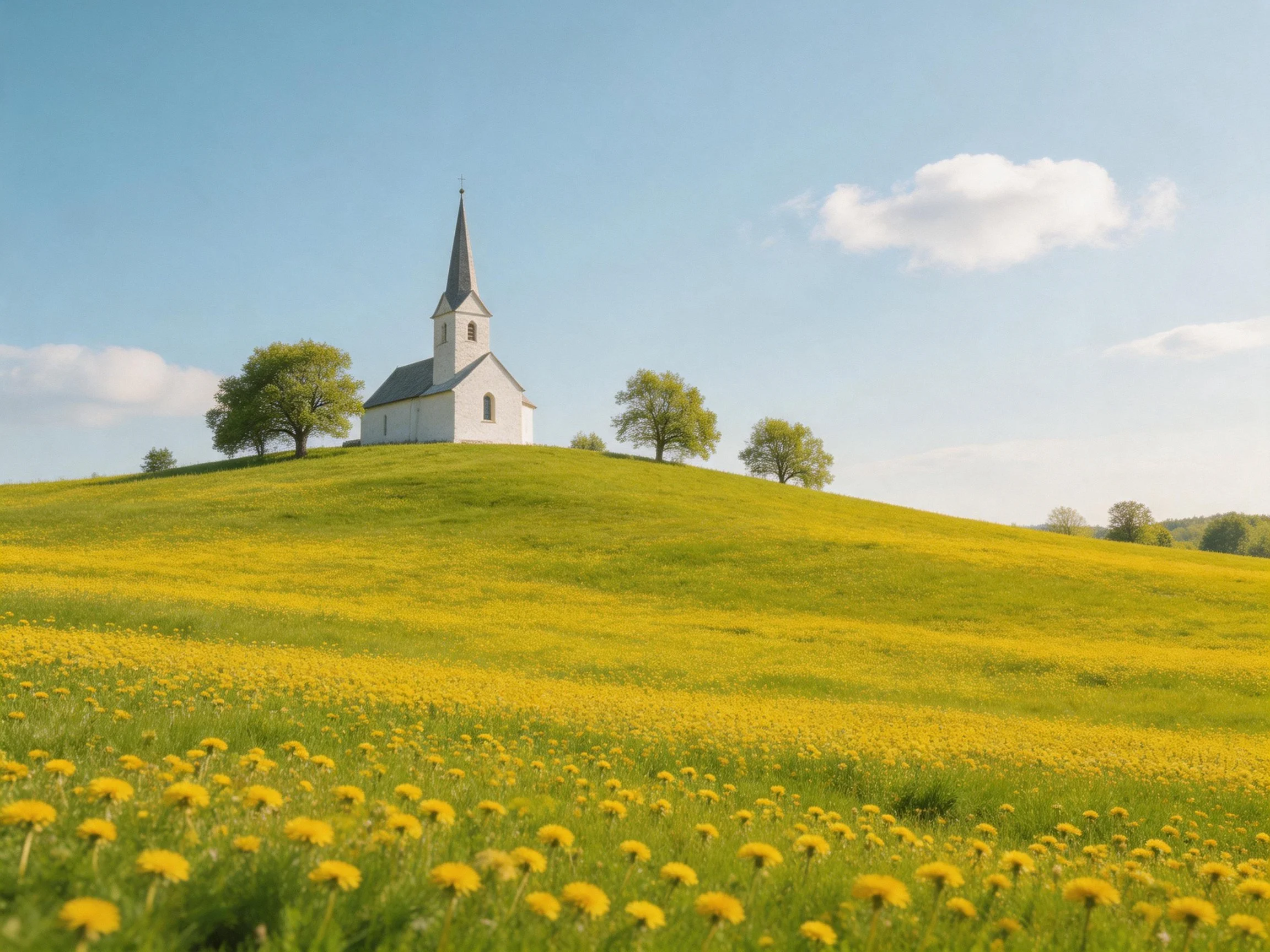 A white church atop a hillside of yellow wildflowers with surrounding trees