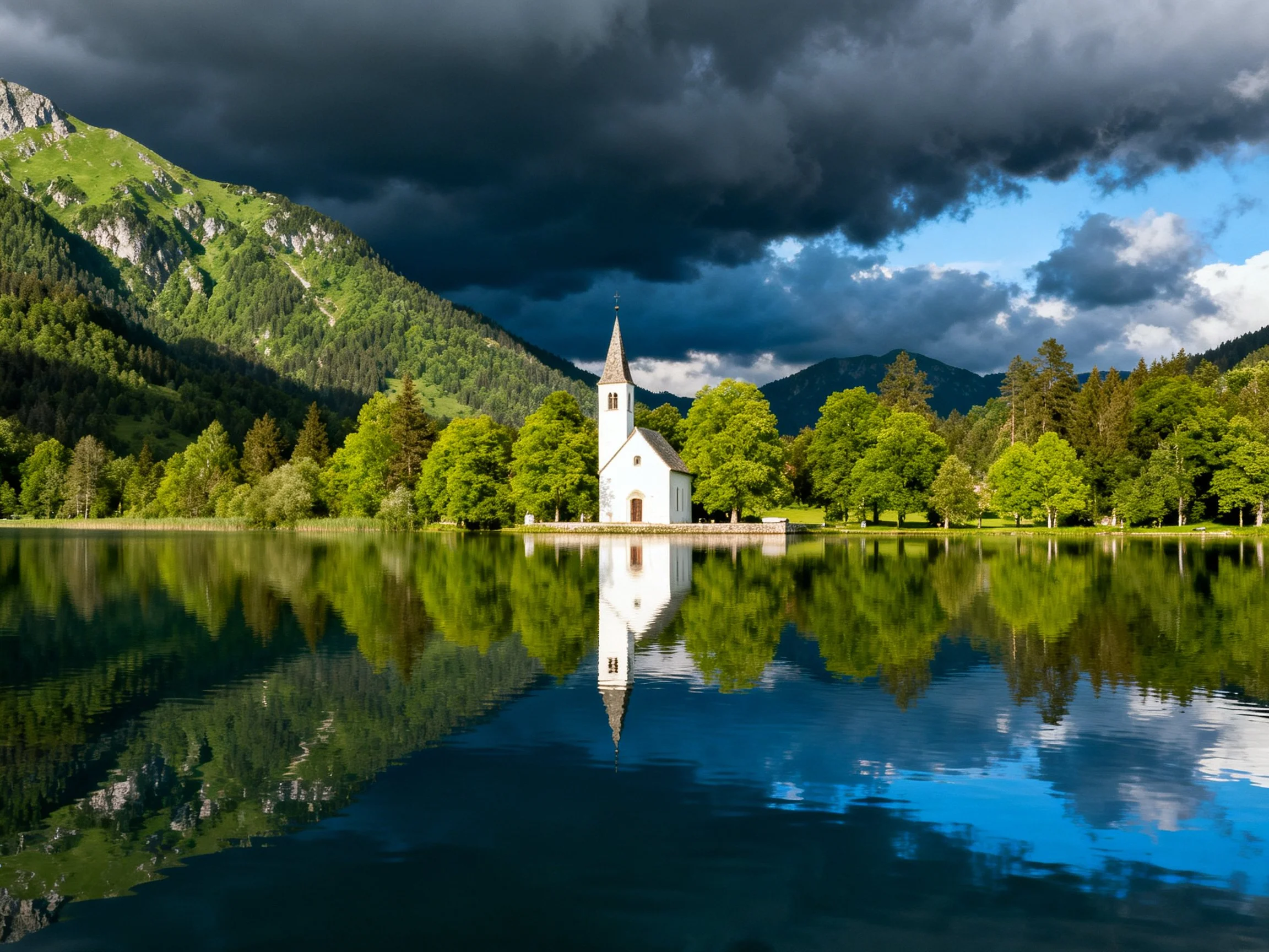 A white church reflected in calm blue water near green forested mountains