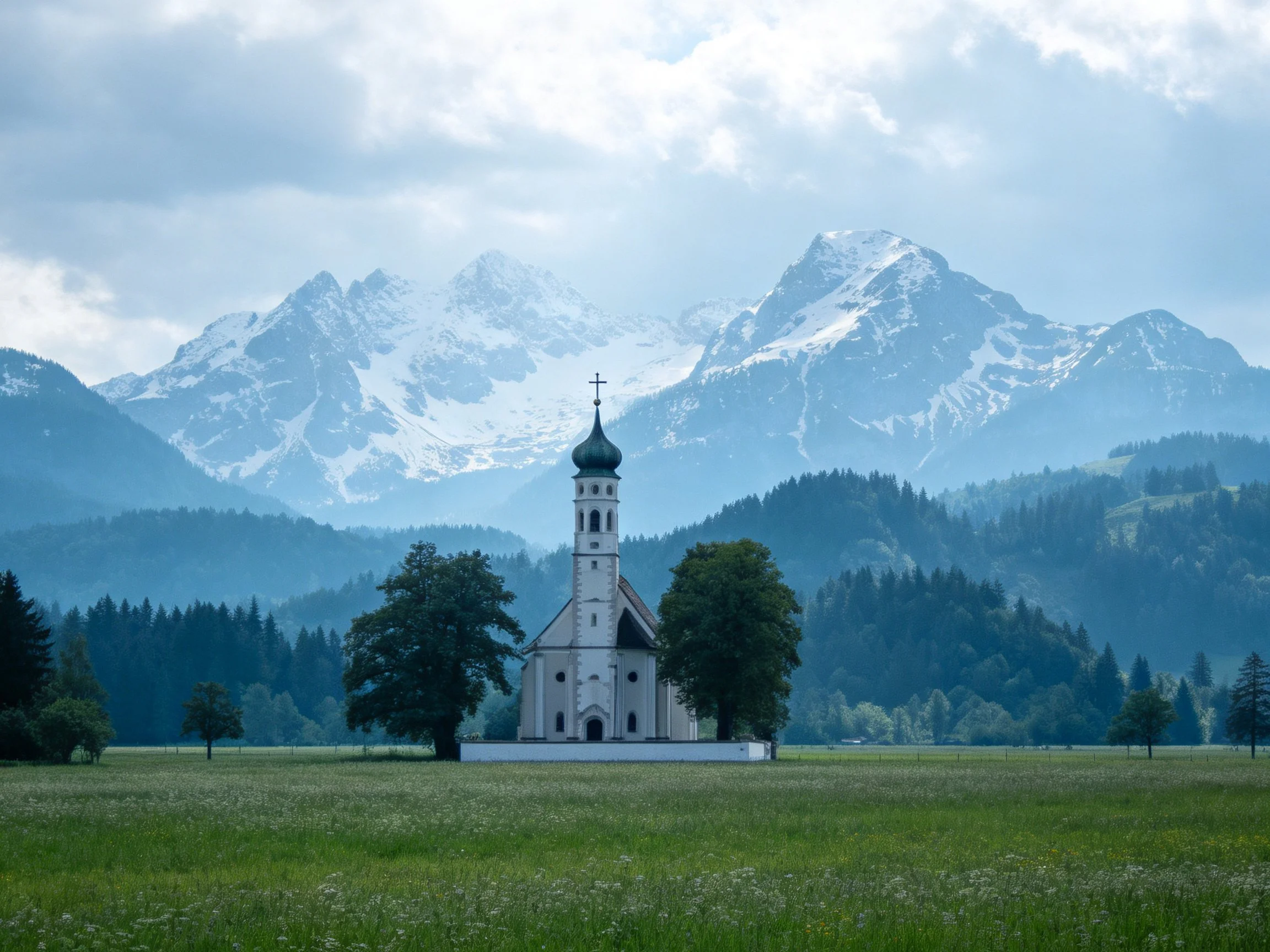 A white church stands in a green meadow with snow - capped mountains