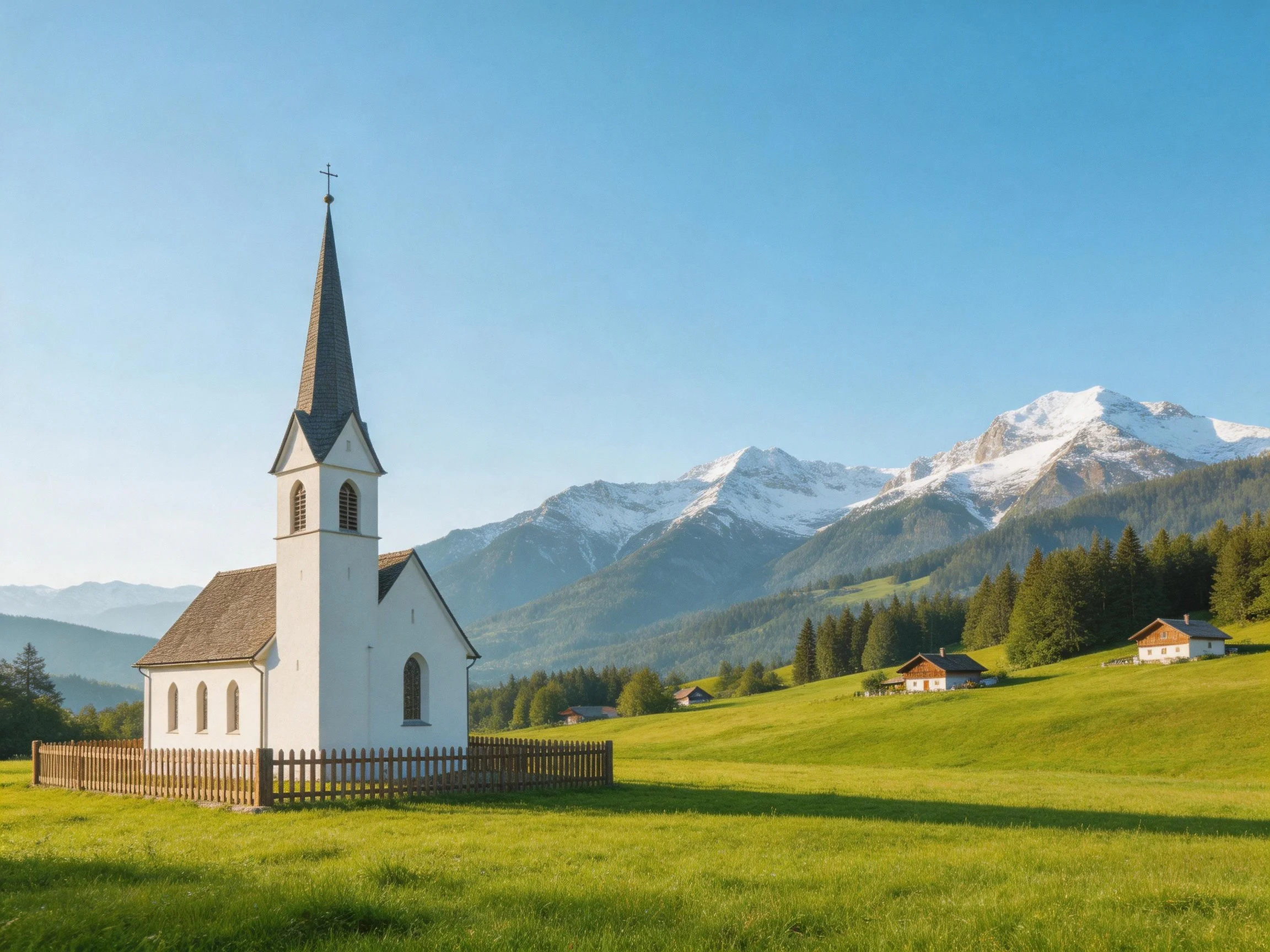 A white church with a steeple on a green meadow near snow-capped mountains