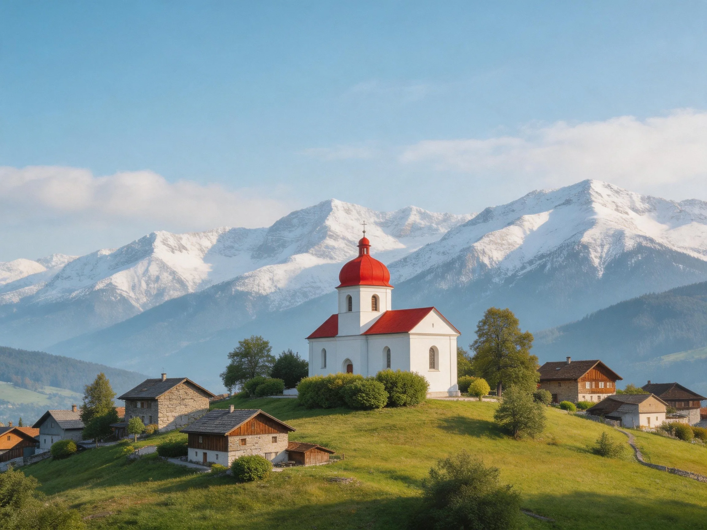 A white church with red dome on a green hillside near snow-capped mountains