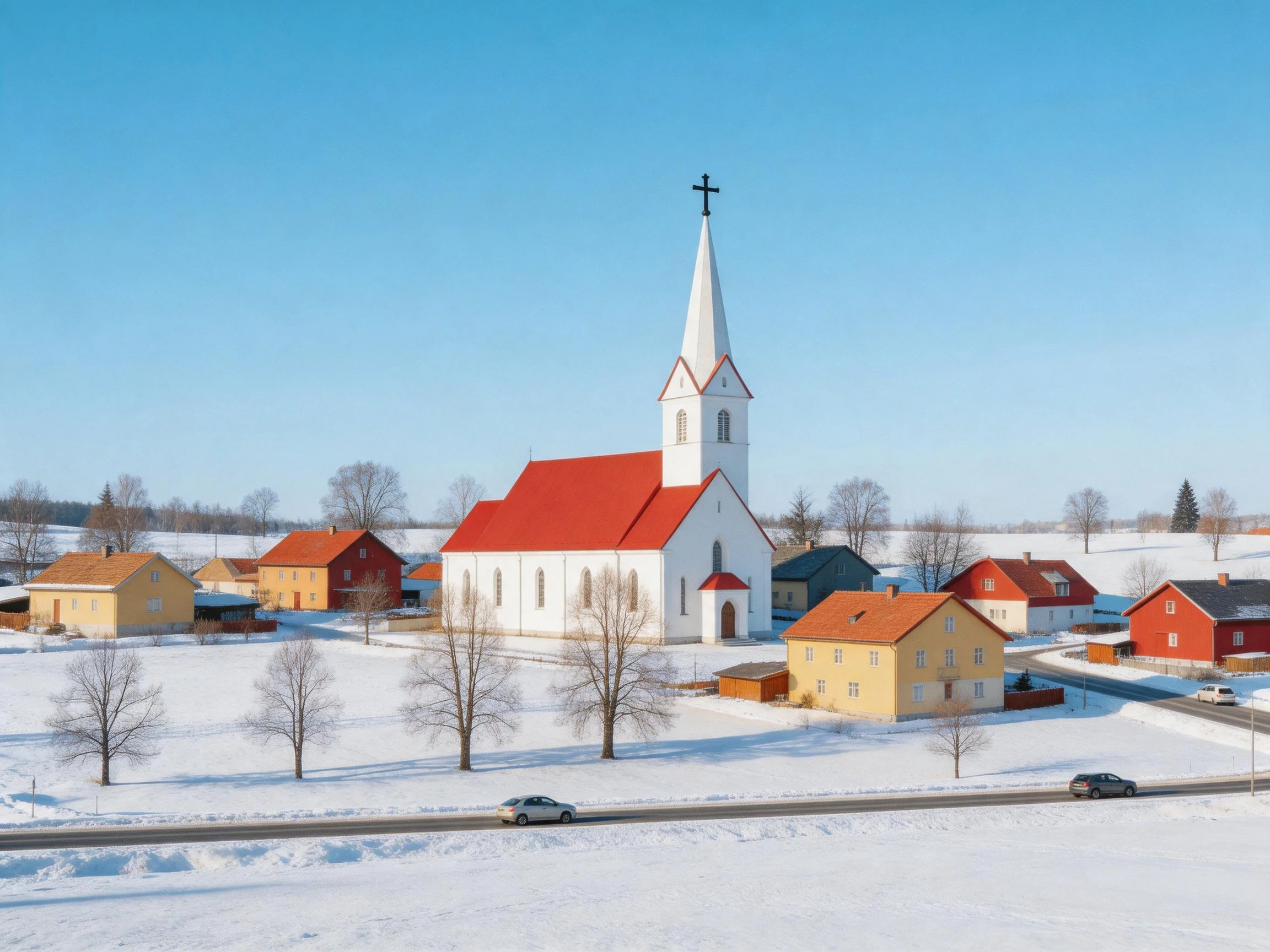 A white church with red roof amid snowy village homes