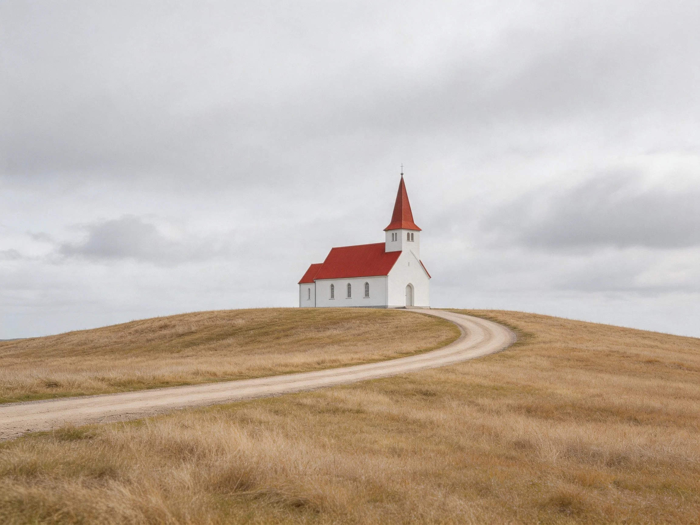 A white church with red roof atop a grassy hill under cloudy skies