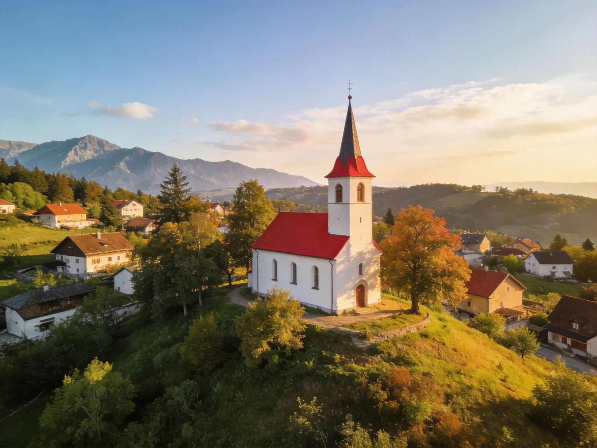 A white church with red roof overlooks village homes near mountains