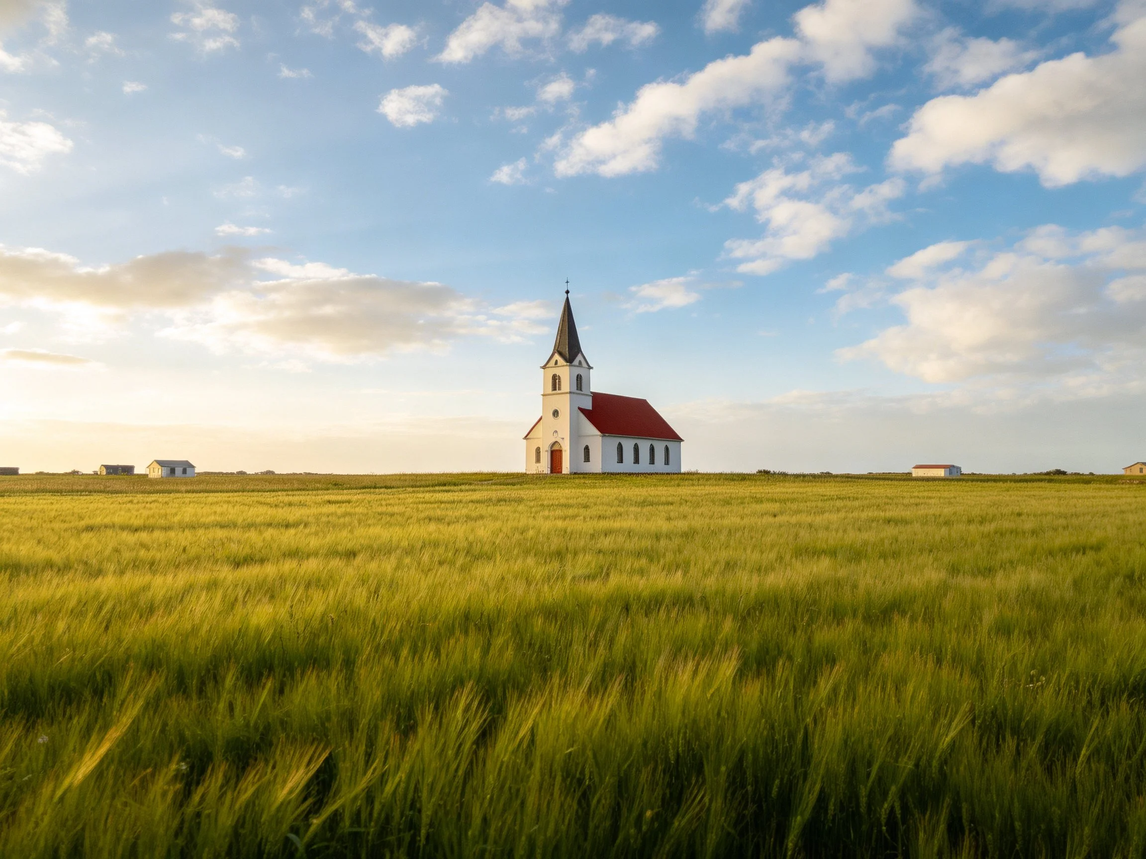 A white church with red roof sits amid a vast green field under blue skies