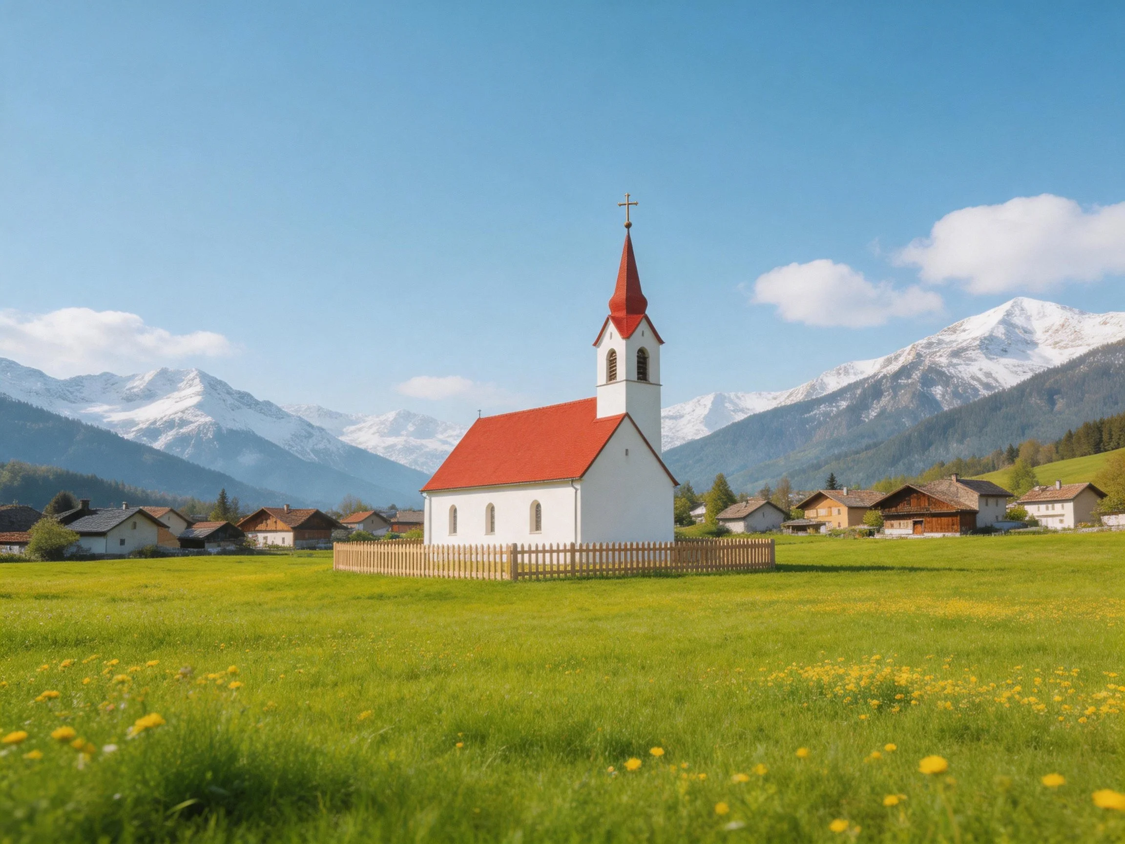 A white church with red roof sits in a green meadow near snow - capped mountains