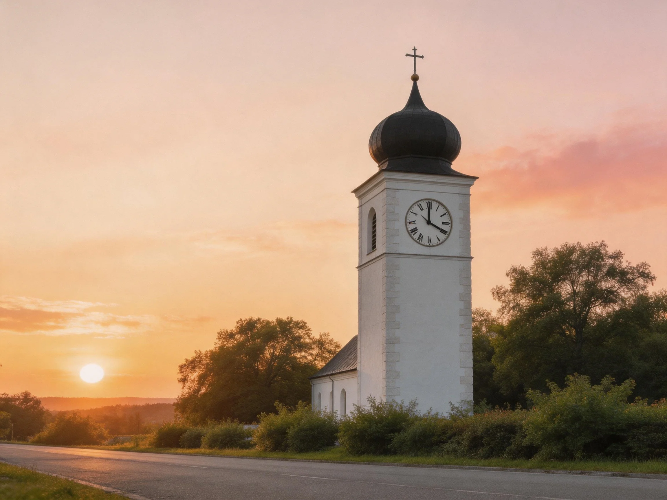 A white clock tower with black dome near sunset landscape