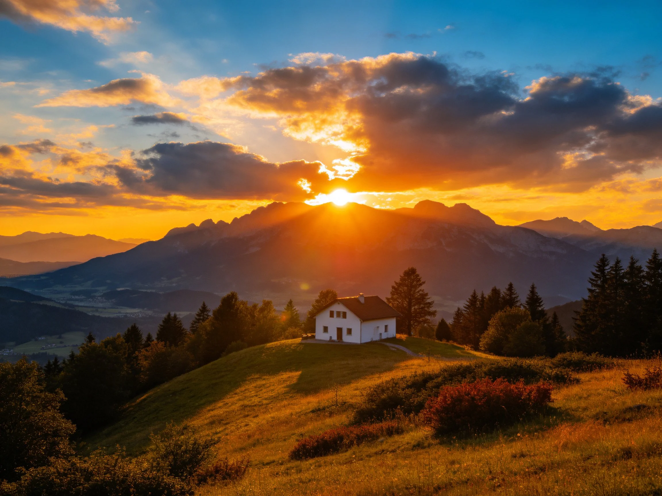 A white cottage atop a golden hill with vibrant sunset mountains