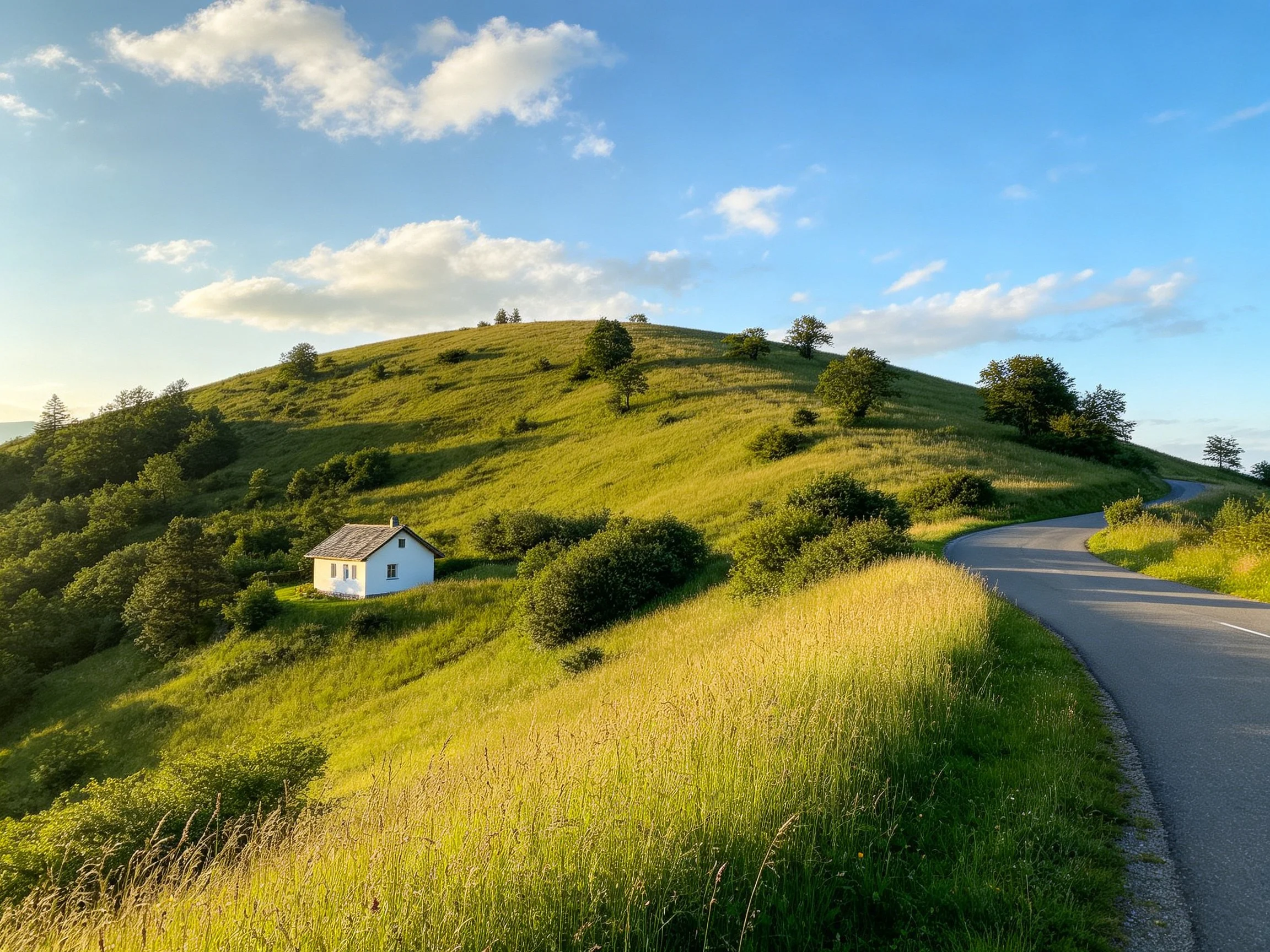 A white cottage near a winding road on a lush green hill