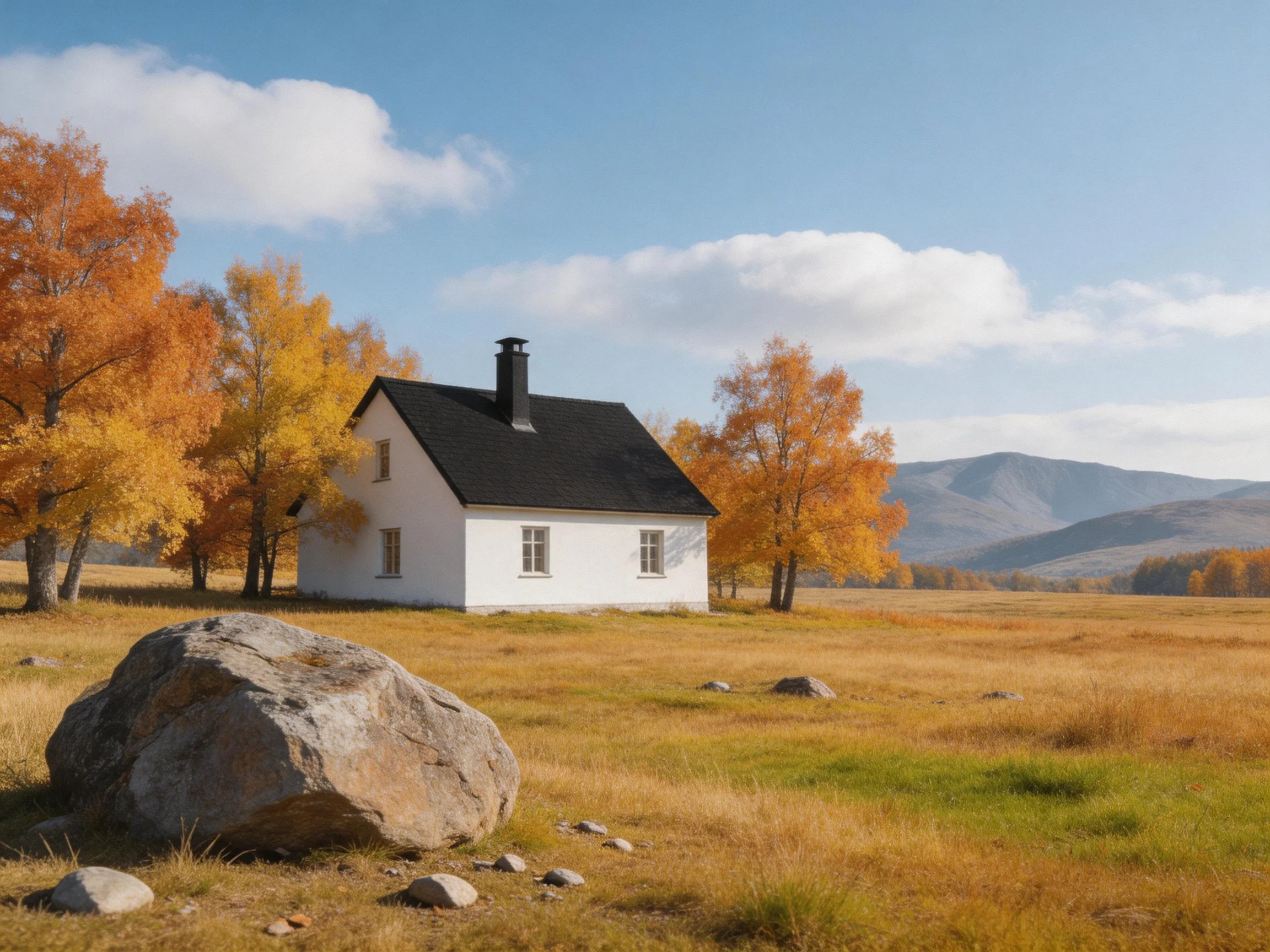A white cottage near golden autumn trees and distant mountains