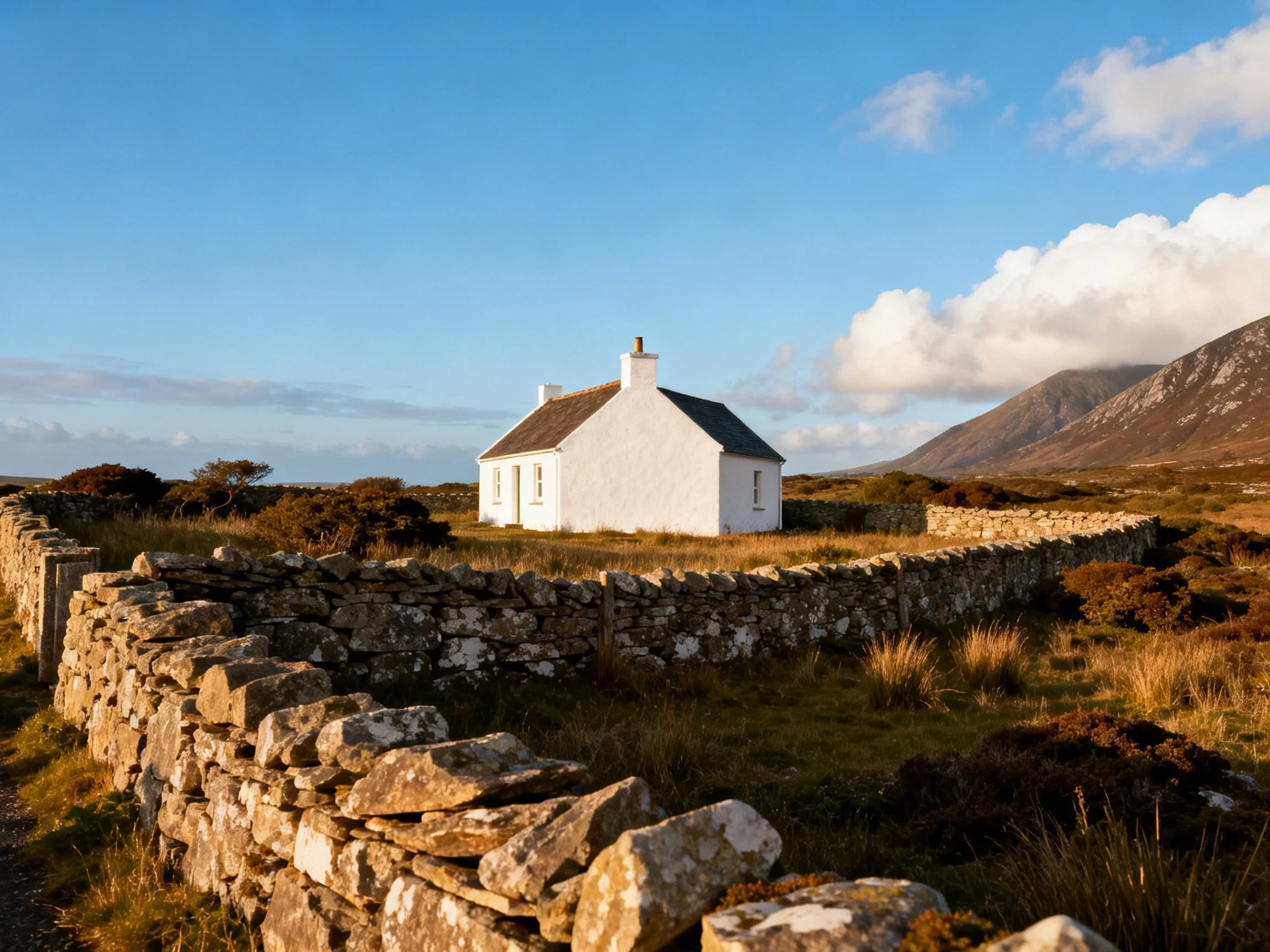 A white cottage near stone walls with distant mountains