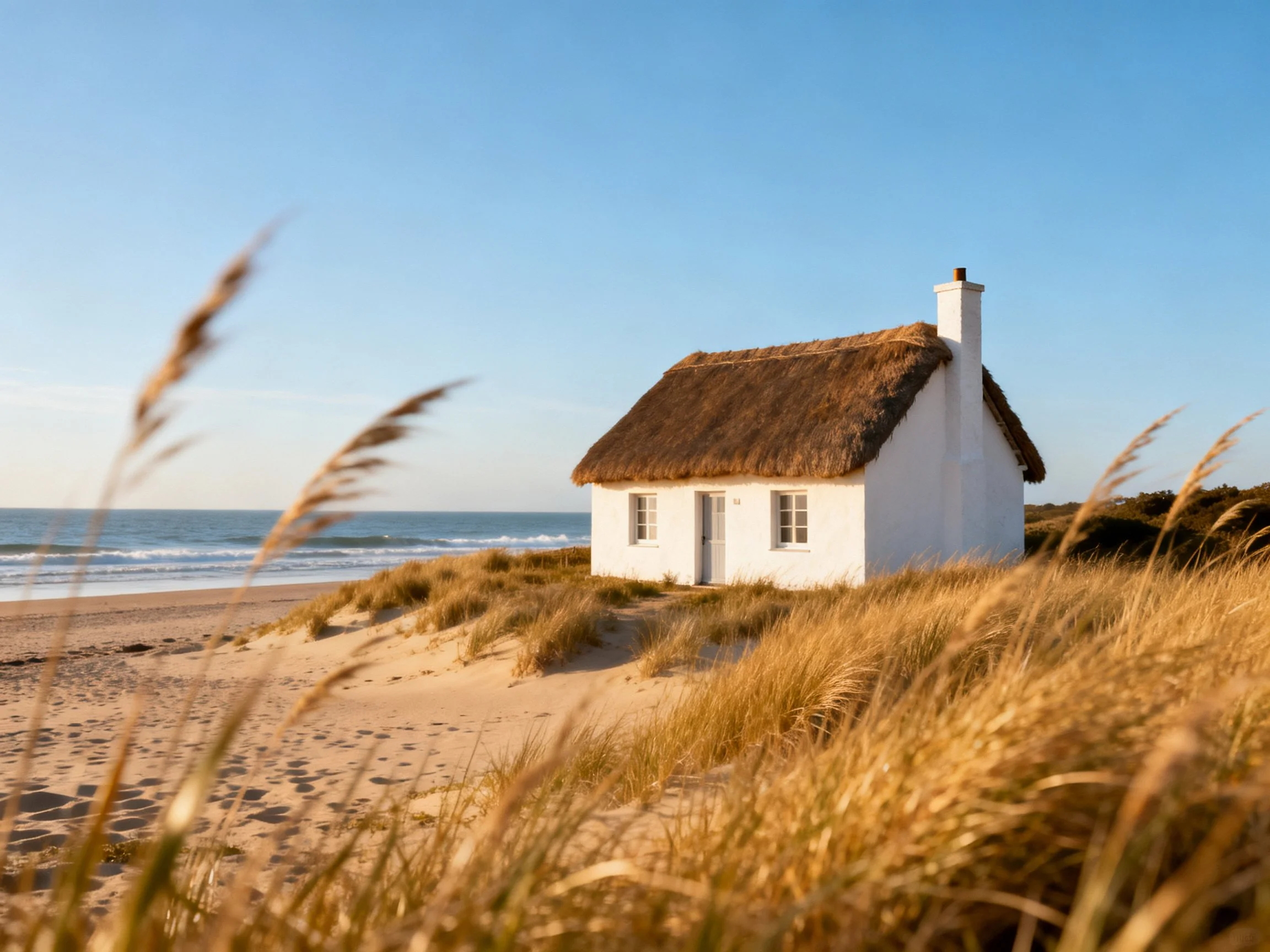 A white cottage with a thatched roof on sandy shores