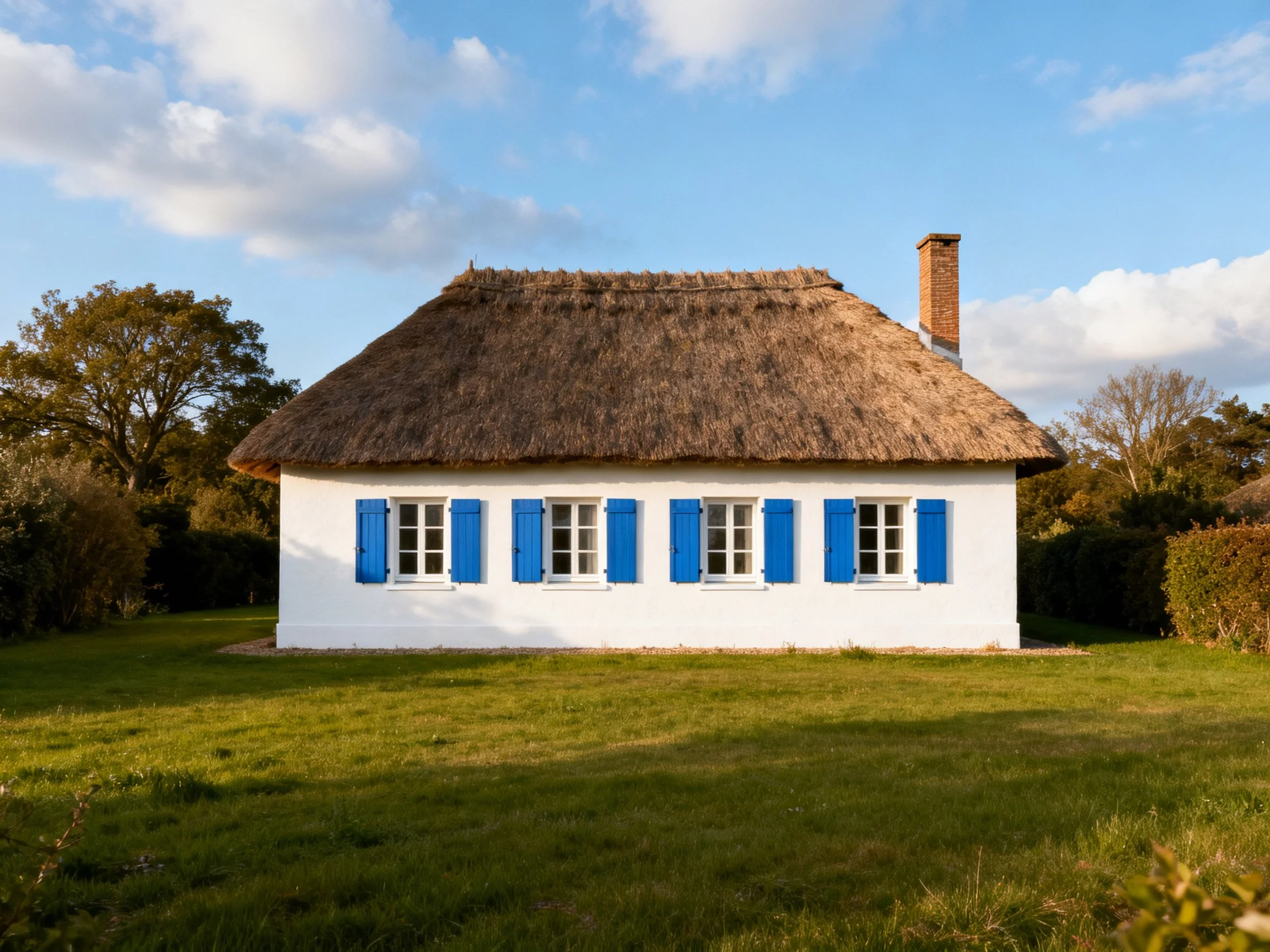 A white cottage with blue shutters and a straw-thatched roof