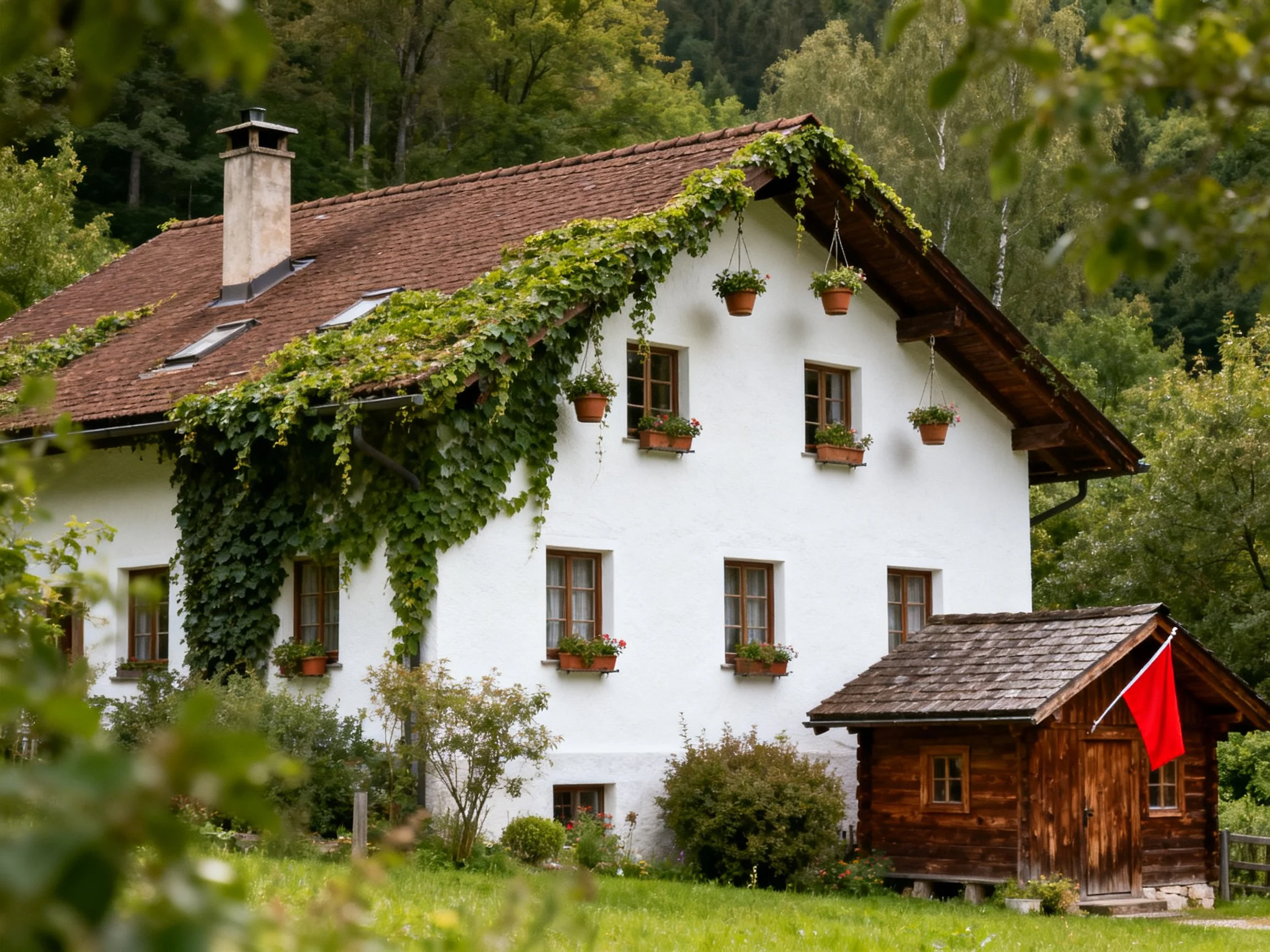 A white cottage with climbing vines, flower pots, and a wooden outbuilding