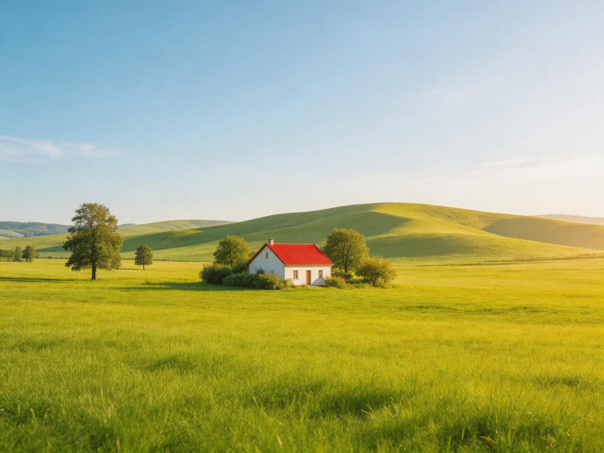 A white cottage with red roof amidst vast green fields and rolling hills