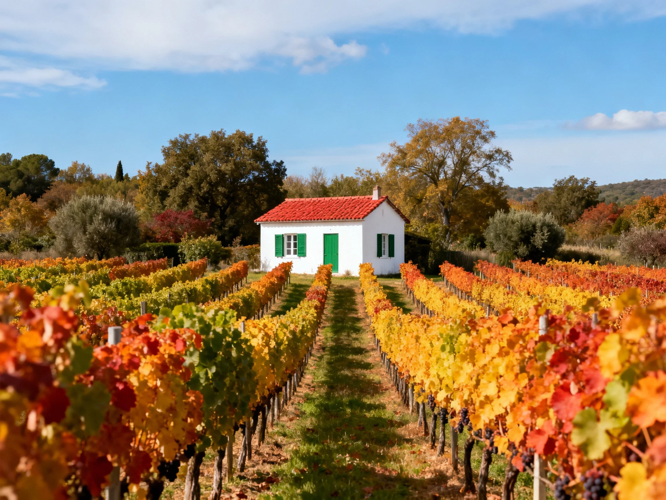 A white cottage with red roof near colorful autumn vineyard rows