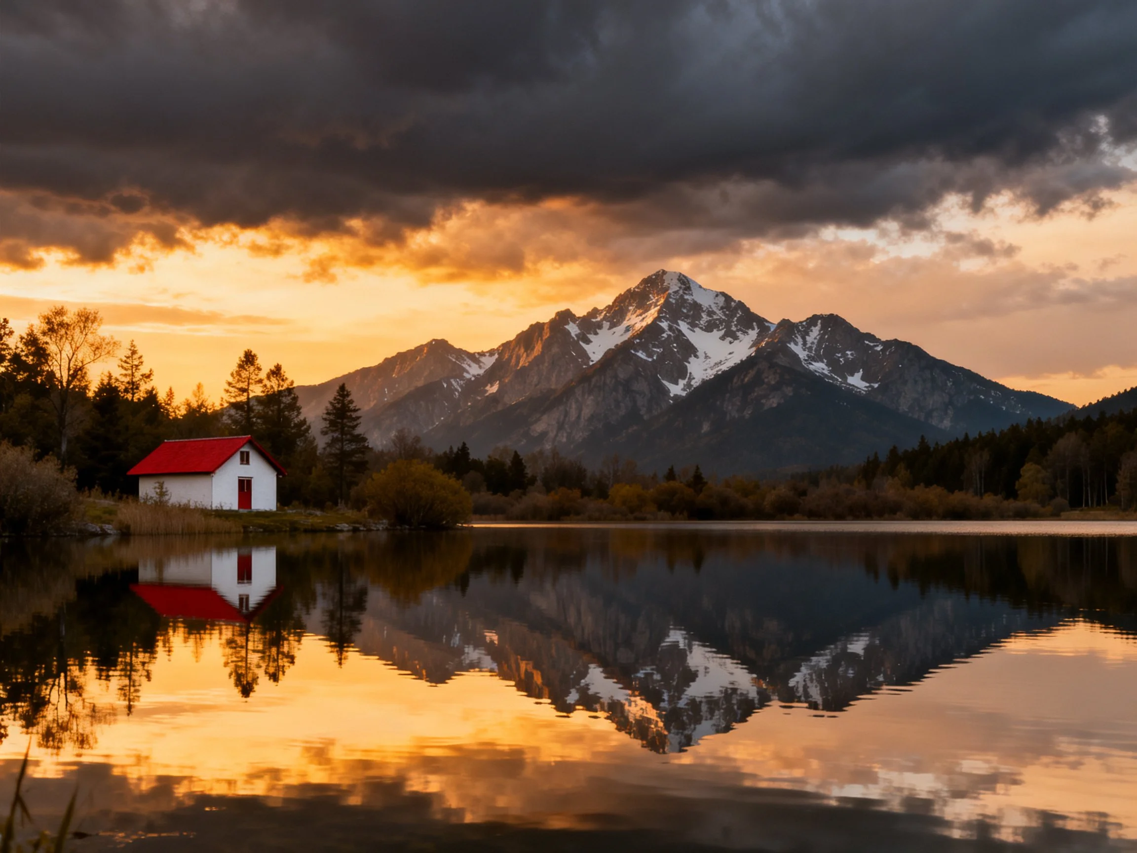 A white cottage with red roof reflects in calm lake near snow-capped mountains
