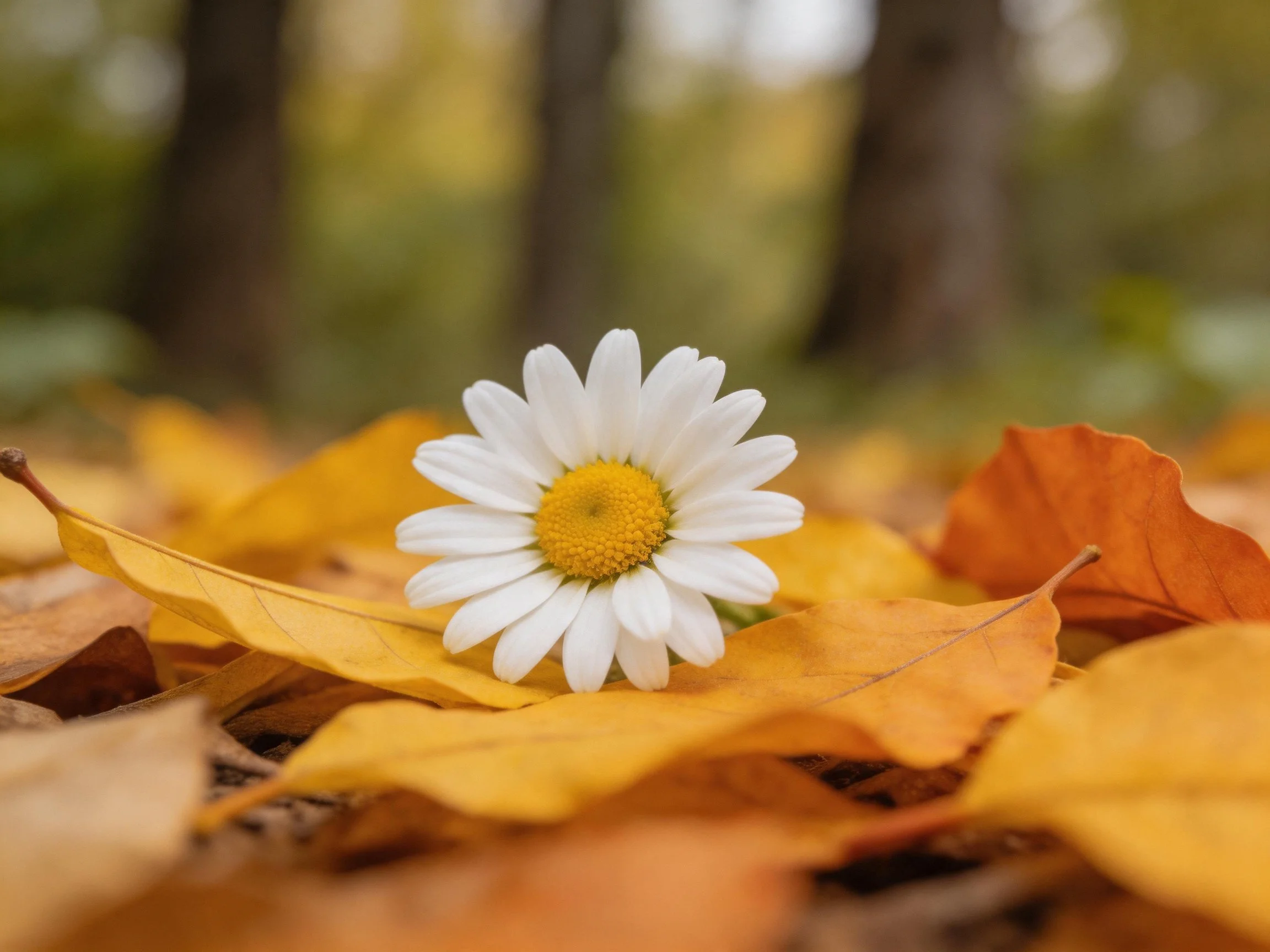 A white daisy rests amid autumn leaves