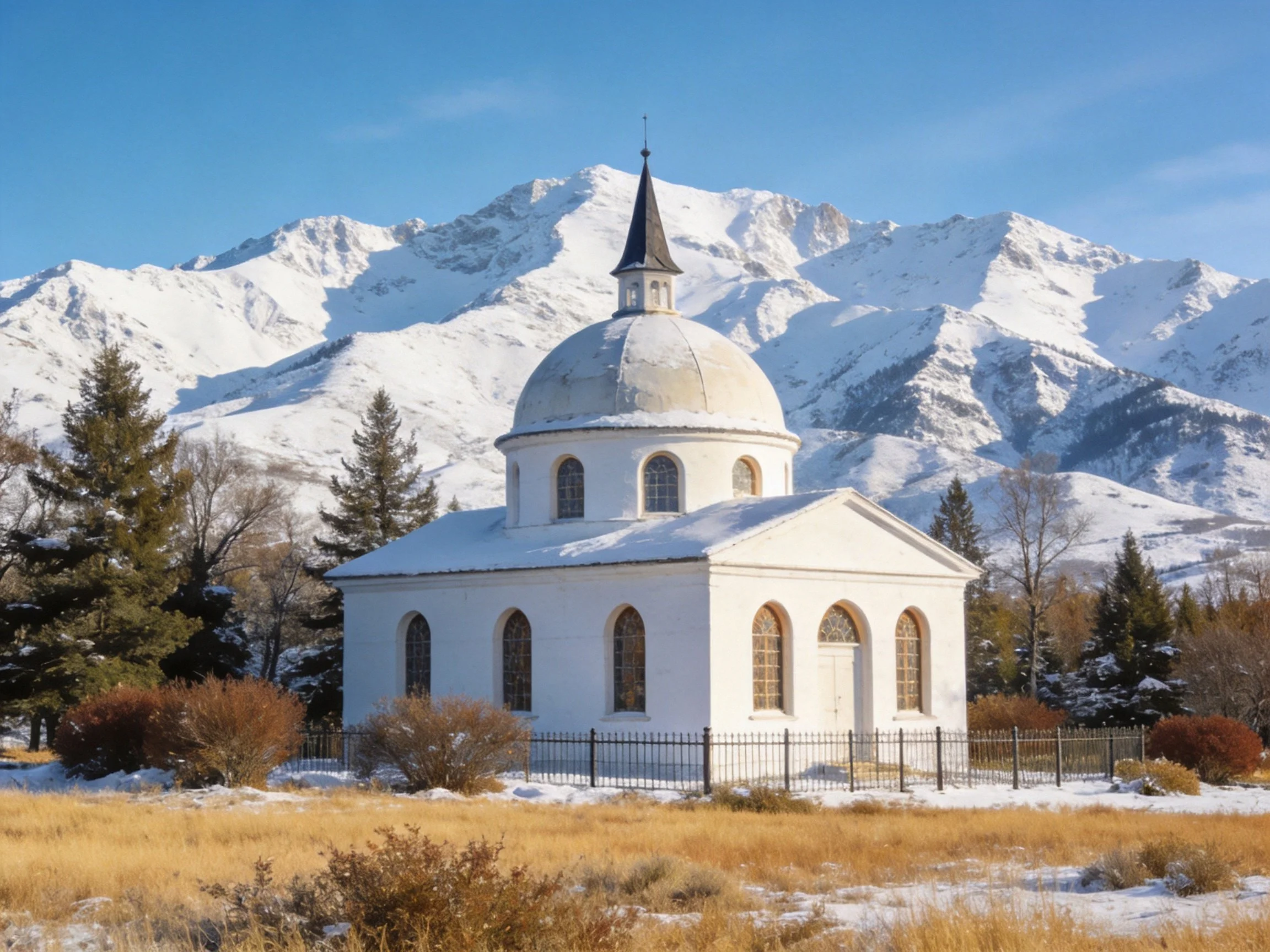 A white domed chapel near snow-capped mountain peaks