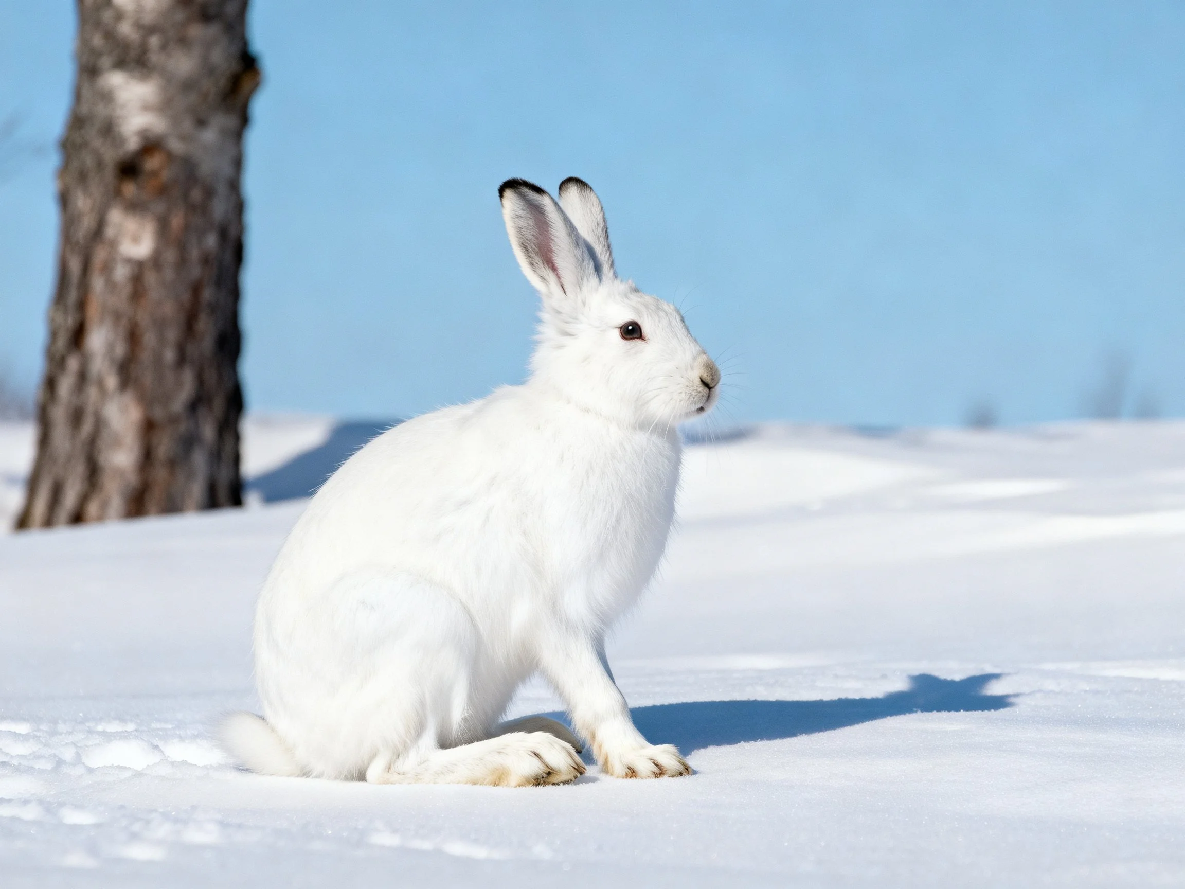 A white hare resting on snowy ground near a tree