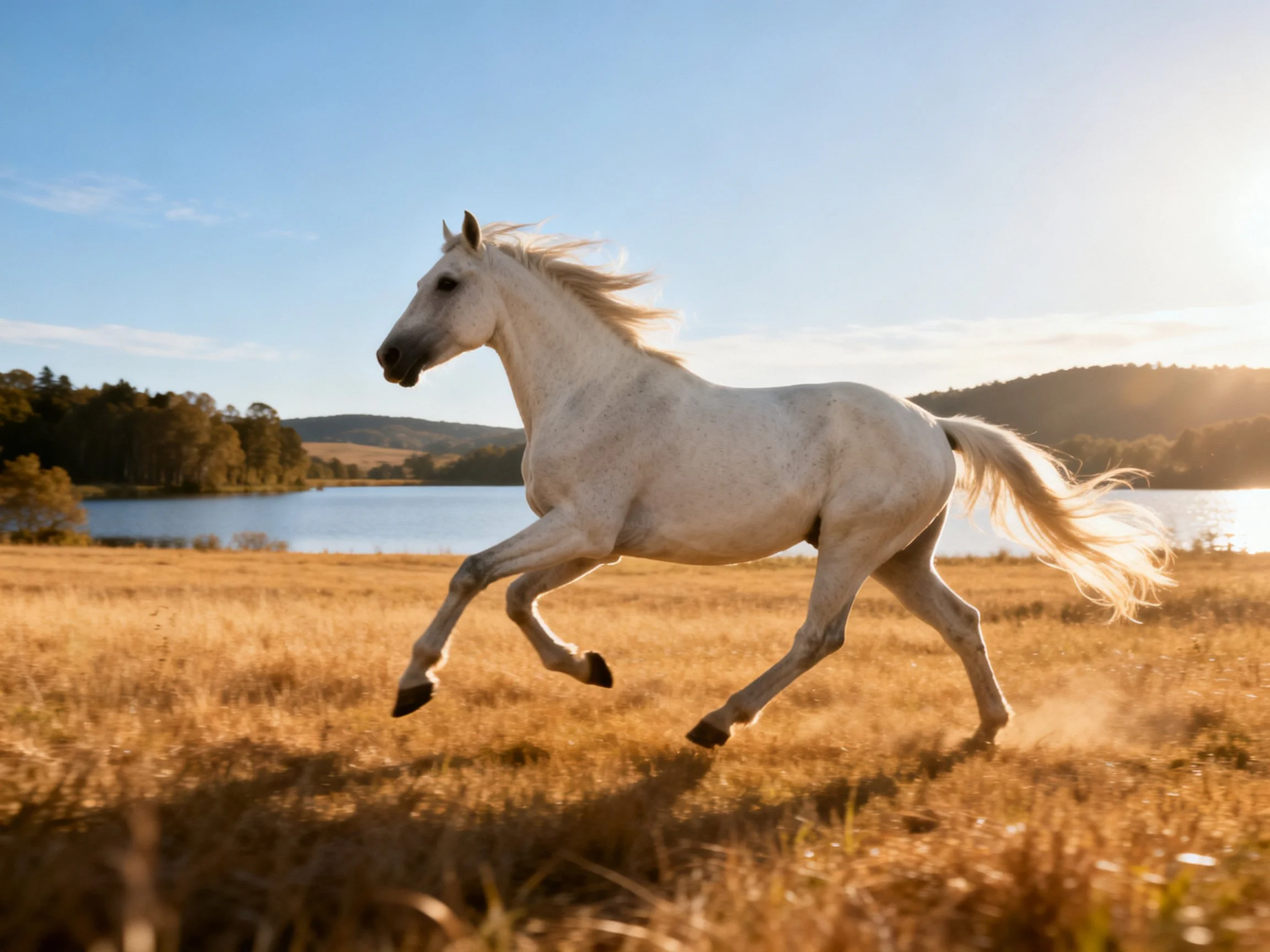 A white horse galloping through golden grasslands by a lake