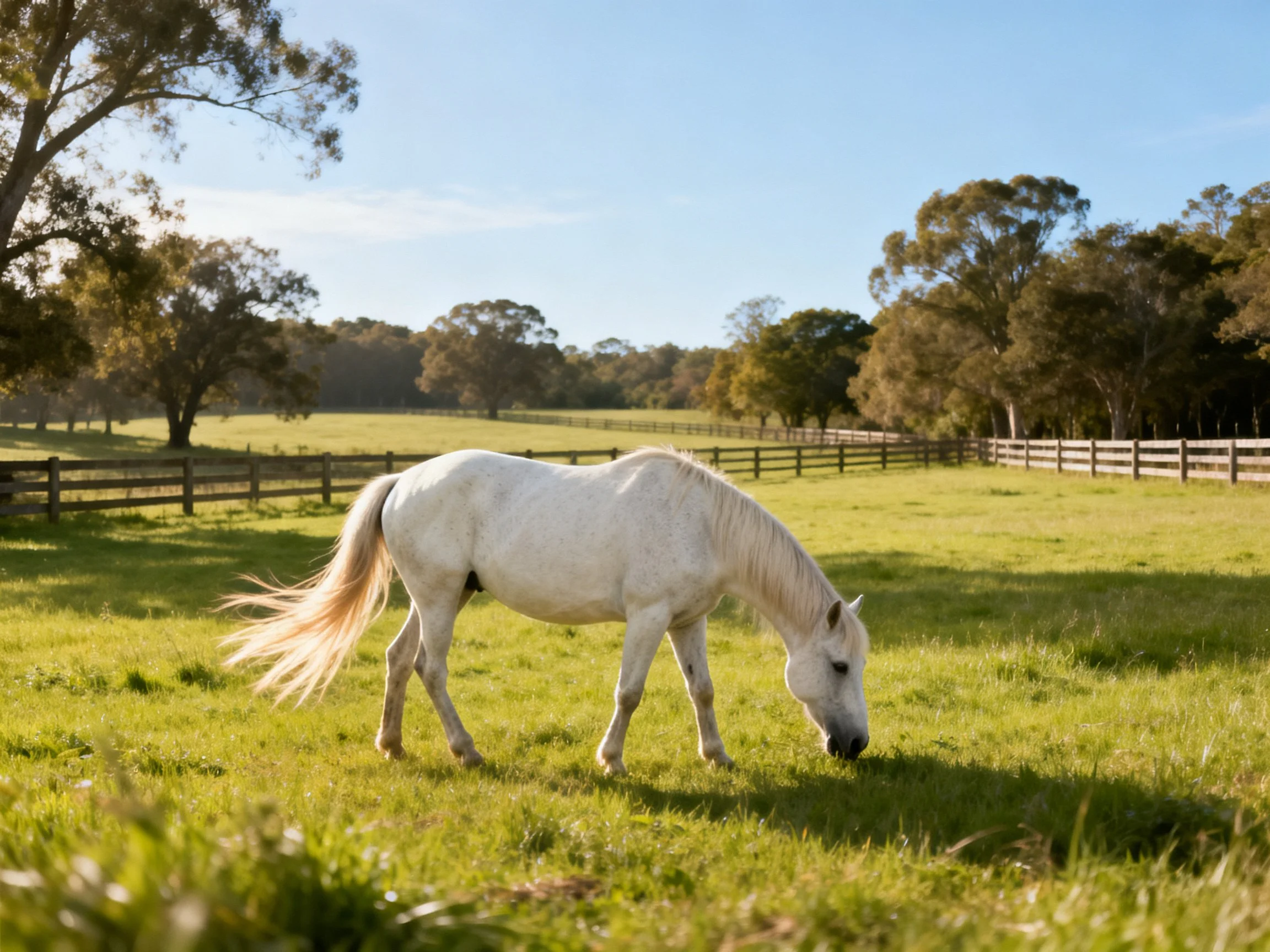 A white horse grazing in a sunlit green pasture with wooden fences