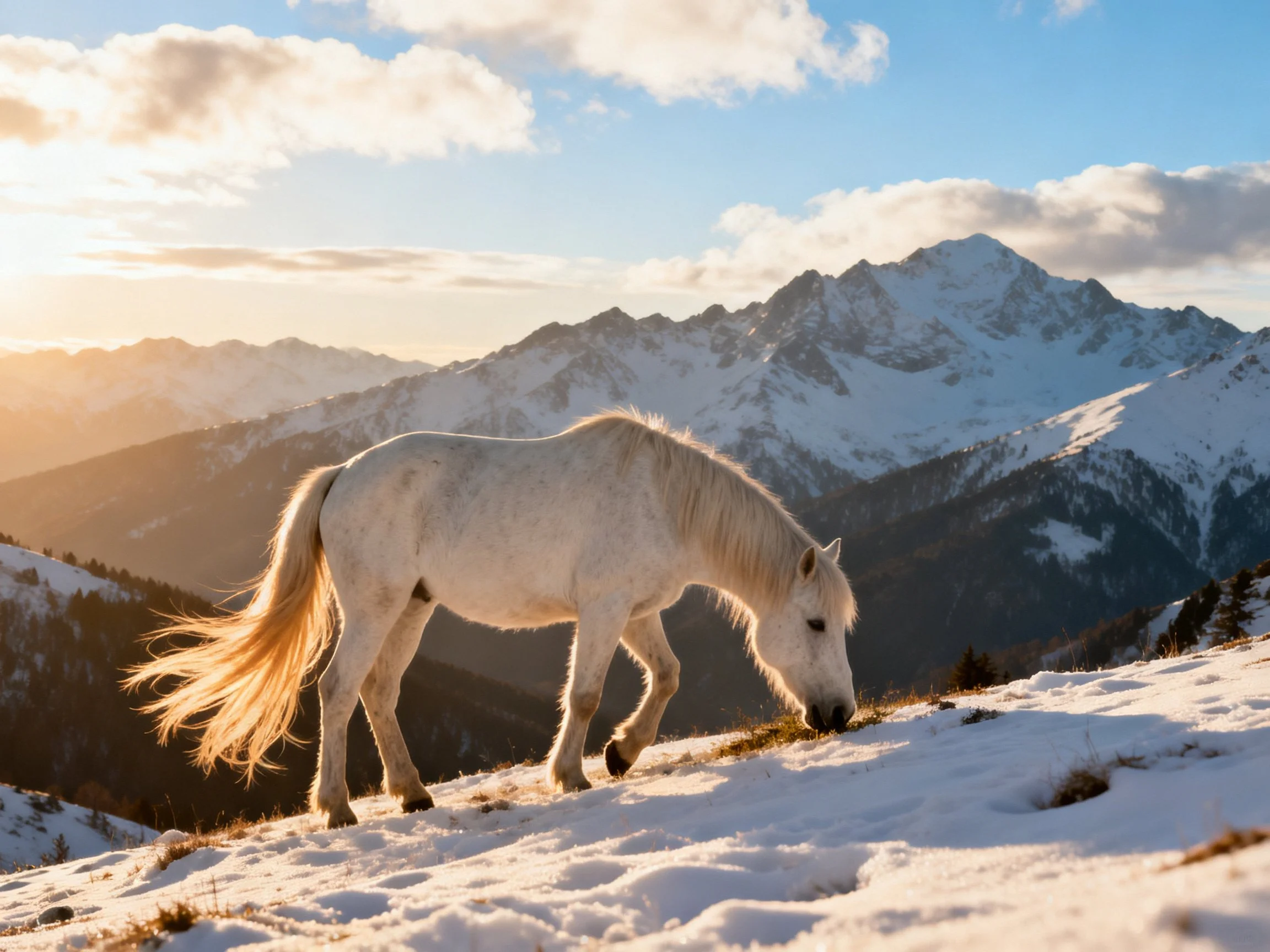 A white horse grazing near snow-capped mountains at sunset