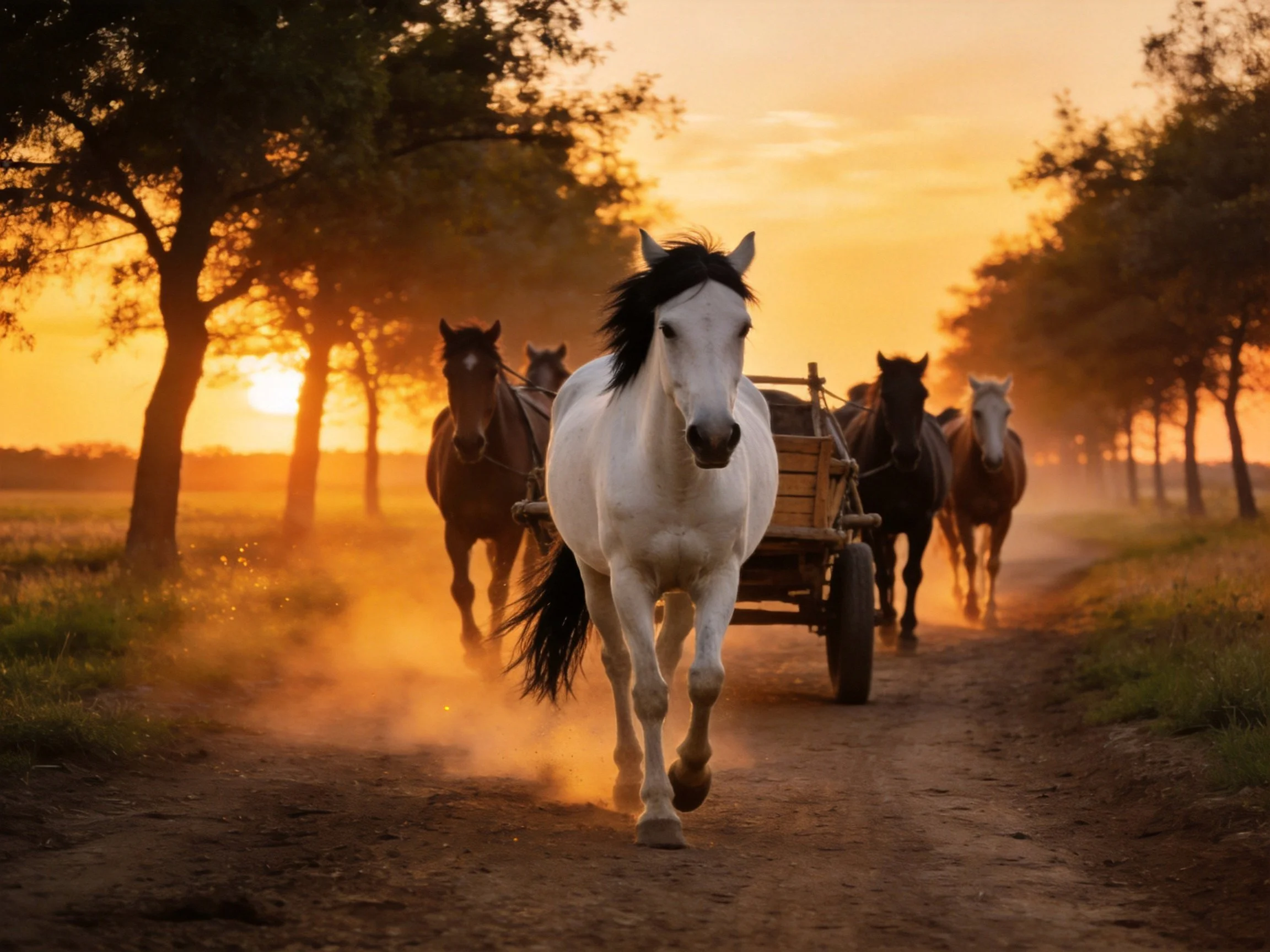 A white horse leads a team of horses pulling a wooden cart on a dusty dirt road at sunset