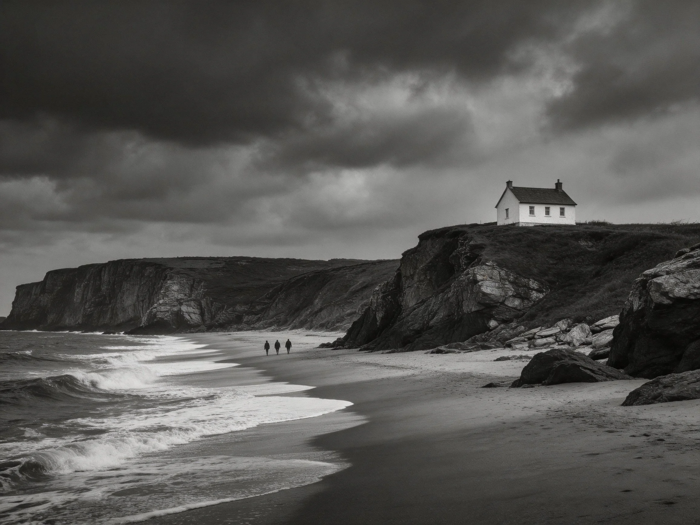 A white house atop cliffs overlooks a stormy beach