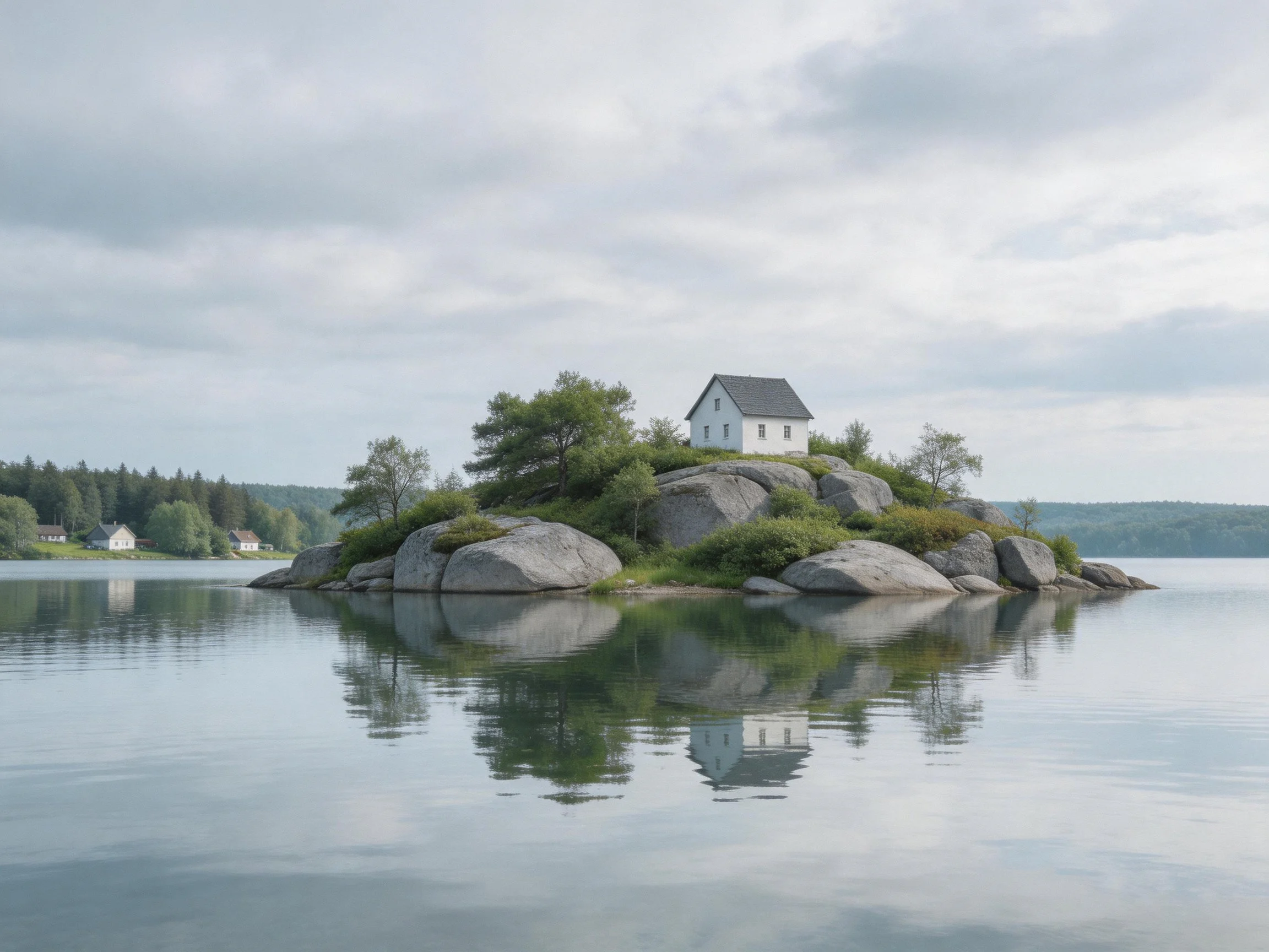 A white house atop rocky island with calm water reflections