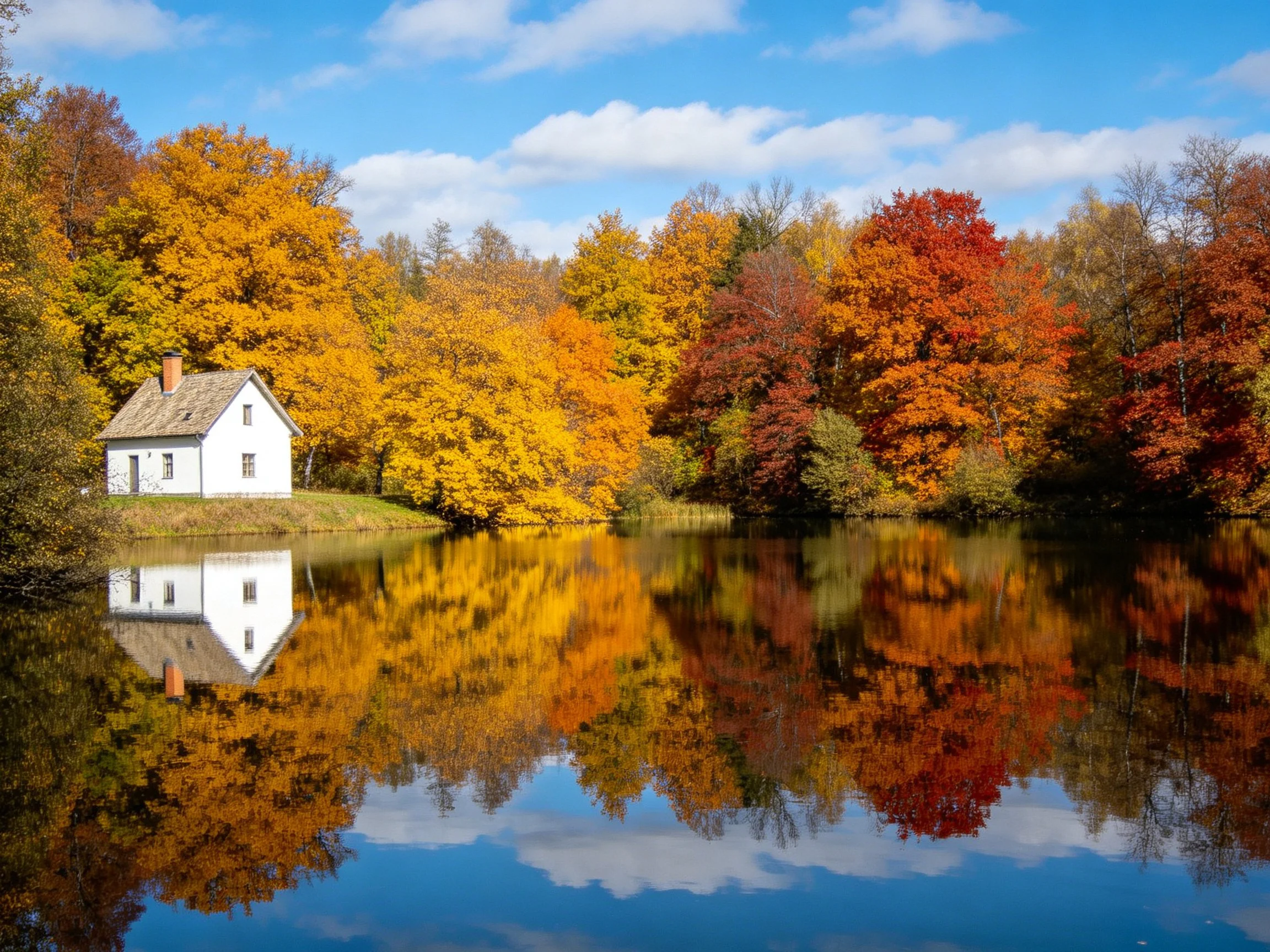 A white house by a calm lake with vibrant autumn foliage reflections