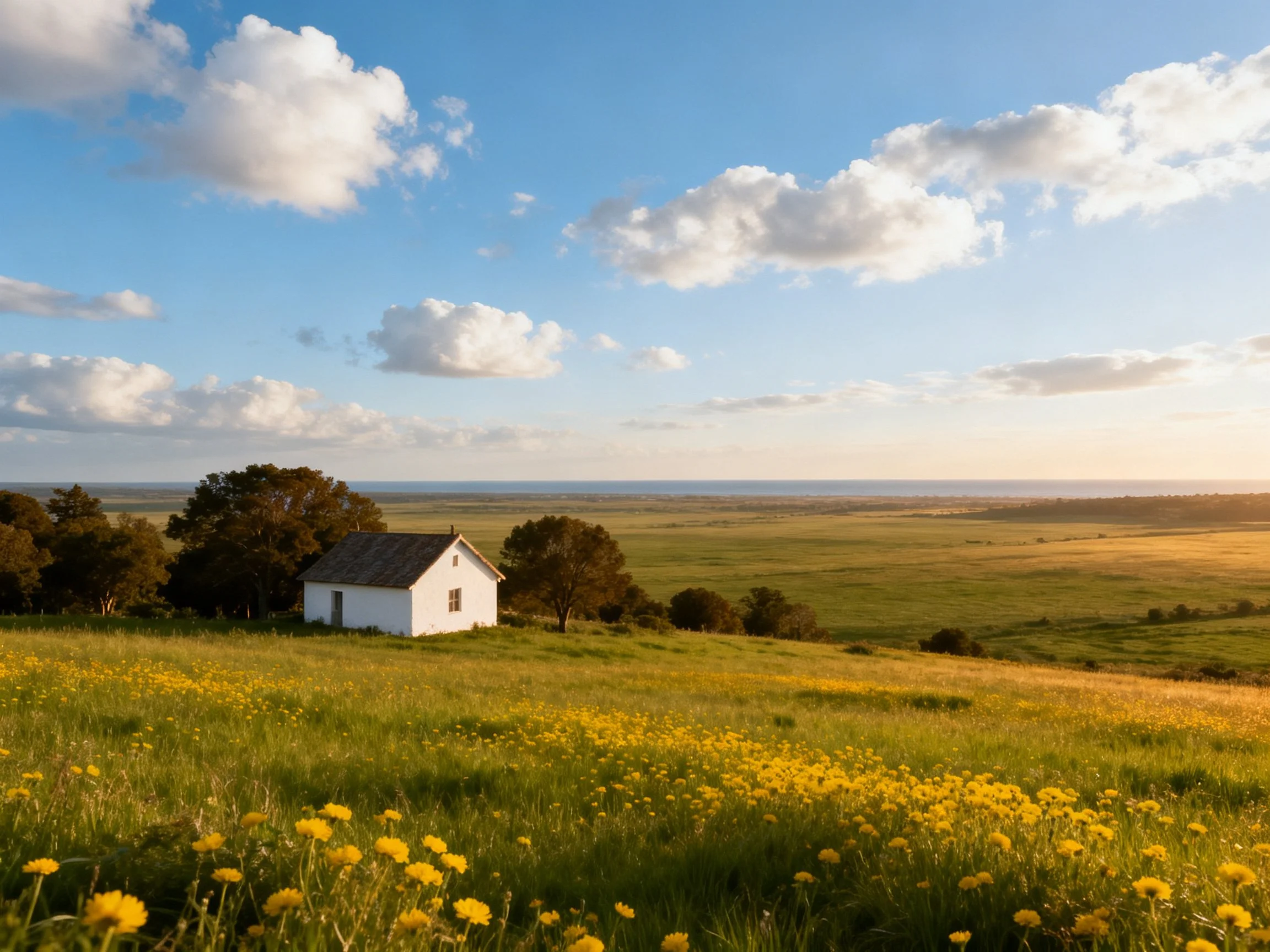 A white house in a field of yellow wildflowers with green meadows