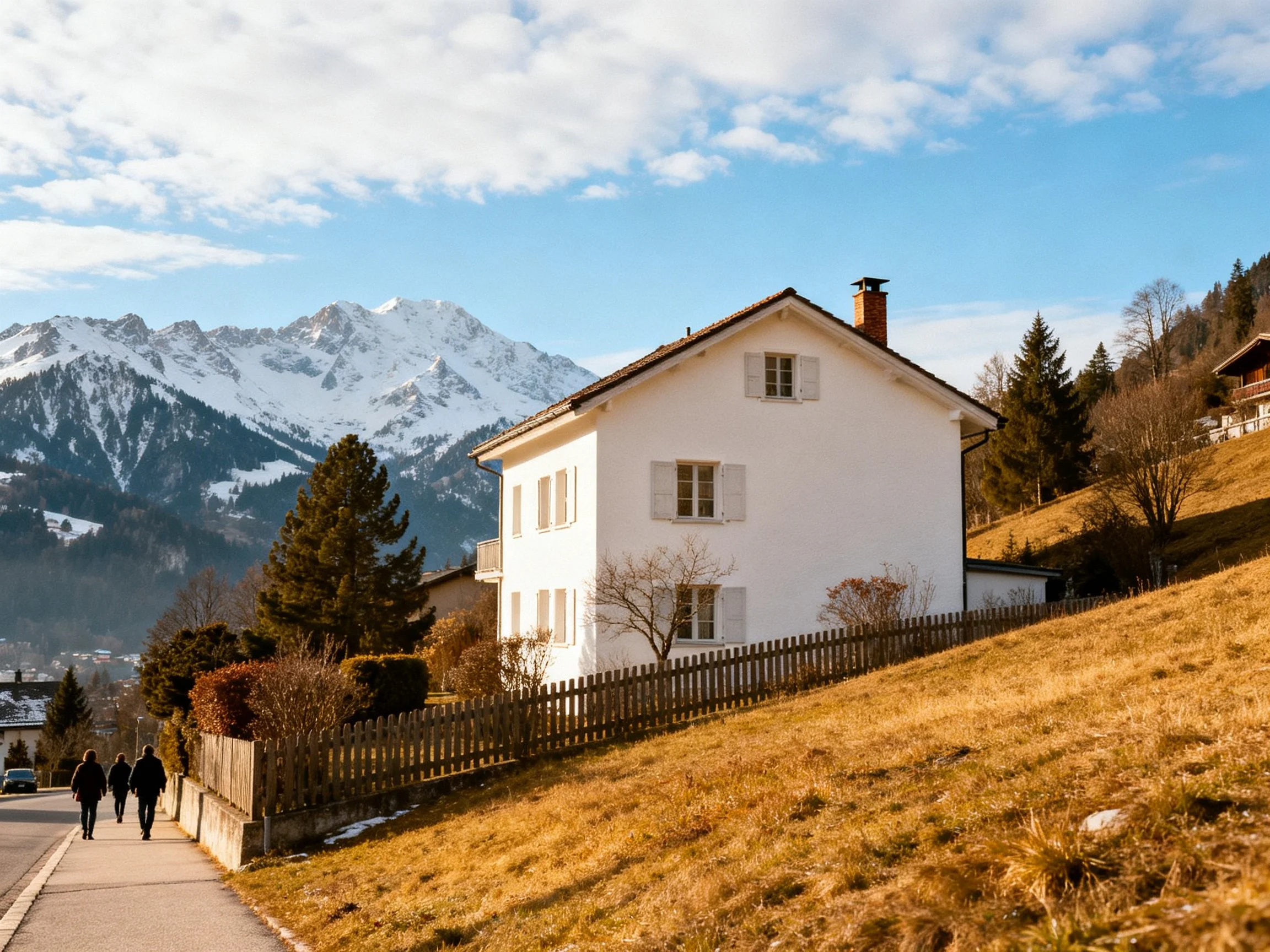 A white house near snow - capped mountains with pedestrians